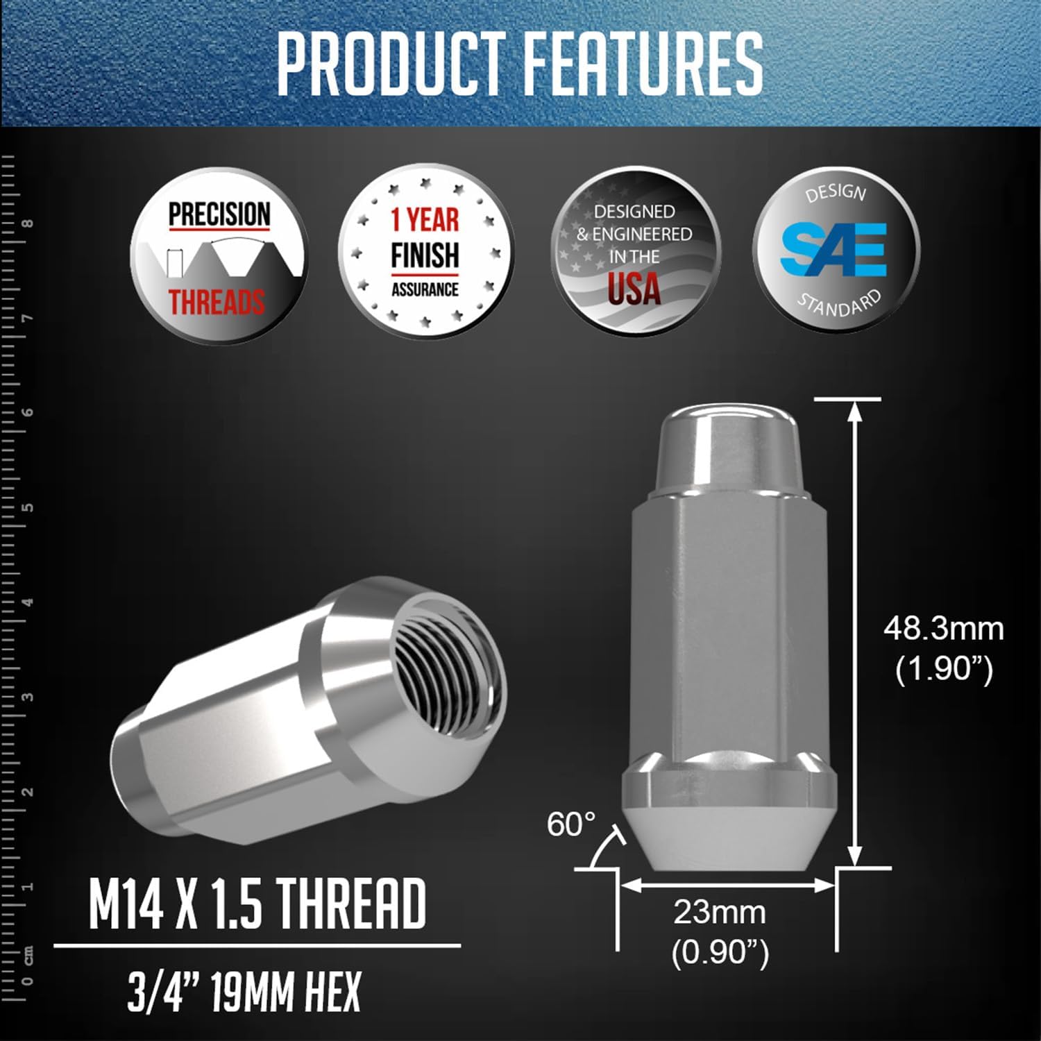 Wheel Accessories Parts 32 Pcs M14x1.50 14x1.50 Thread Bulge Acorn 1.90" Long Lug Nuts Chrome 3/4" 19mm Hex Fits Aftermarket Wheels image 3