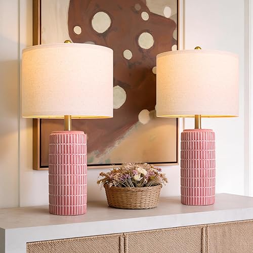 Miniatura 14 de PoKat Juego de 2 lámparas de mesa de cerámica modernas de 23 pulgadas para sala de estar, lámparas de escritorio blancas para dormitorio, mesita