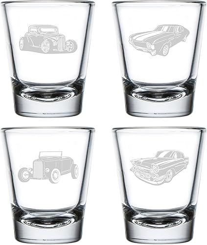 MIP Juego de 4 vasos de chupito de 1.75 onzas, regalo de coches clásicos Hotrod Collection