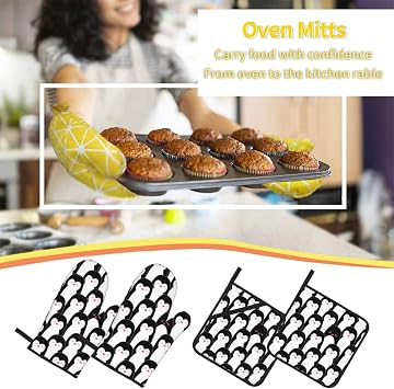 Penguin Cute Oven Mitts and Pot Holders Set of 4, Oven Mittens and Potholders Heat Resistant Gloves for Kitchen Cooking Baking Grilling BBQ