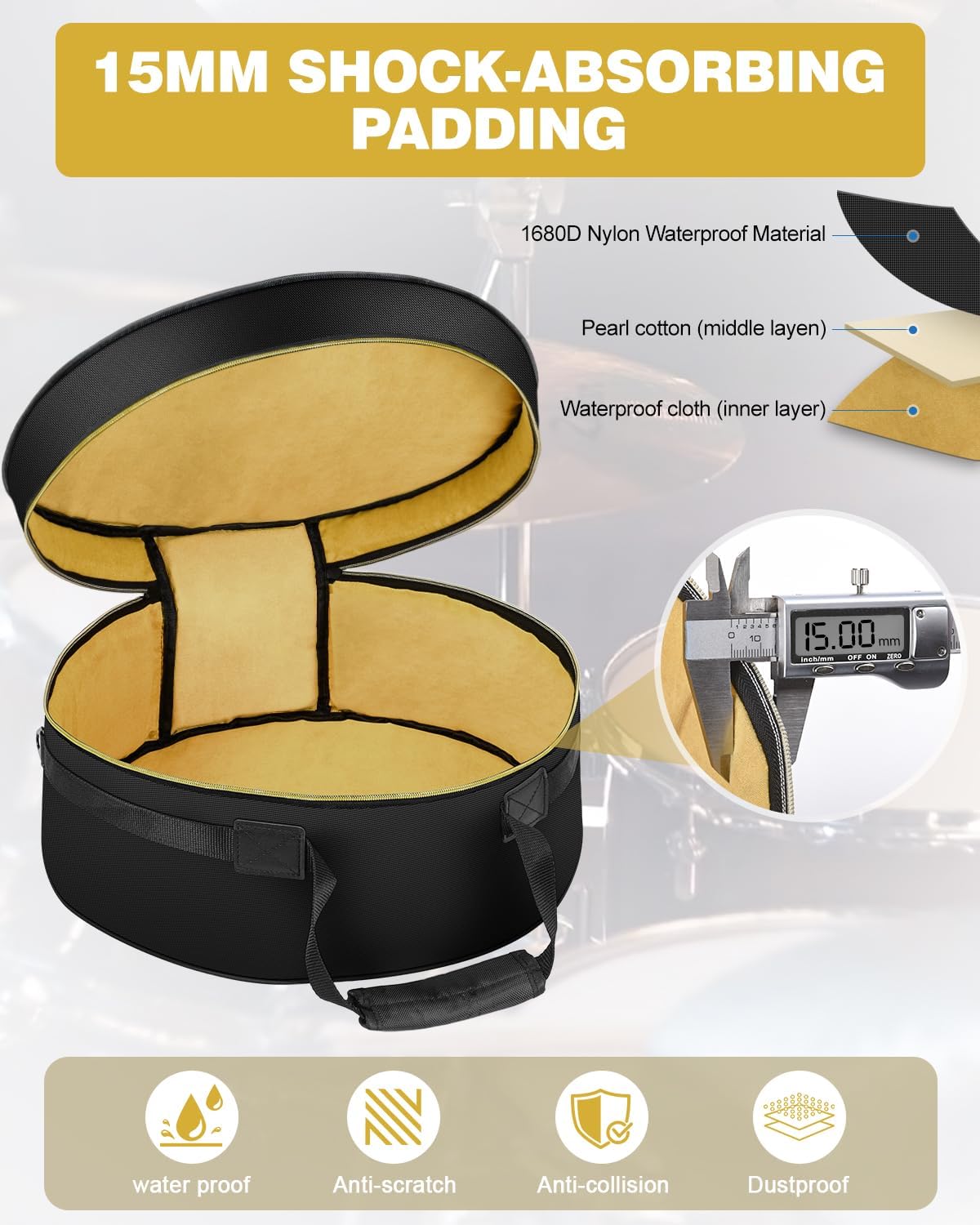 14"x5.5"/14"x6.5" Snare Drum Case – 15mm Thick Shock-Resistant Padding, Waterproof Fabric, Reinforced Handle & Shoulder Strap, Professional Snare Drum Bag for Travel, Gig Transport & Long-Term Storage