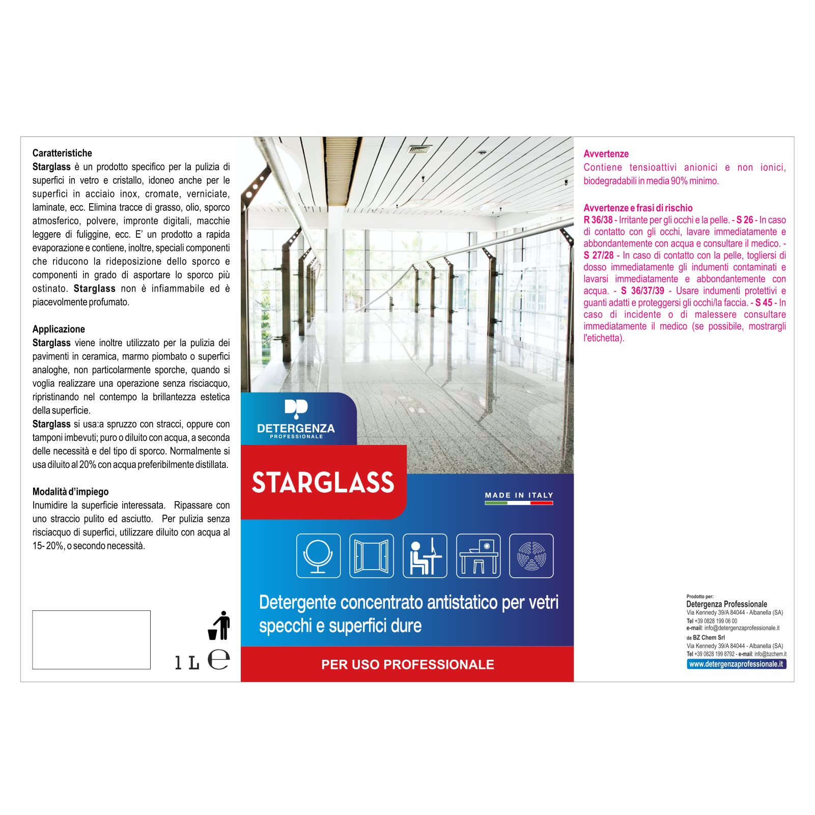 STARGLASS DETERGENTE CONCENTRATO Antistatico per VETRI SPECCHI E SUPERFICI DURE 1 L