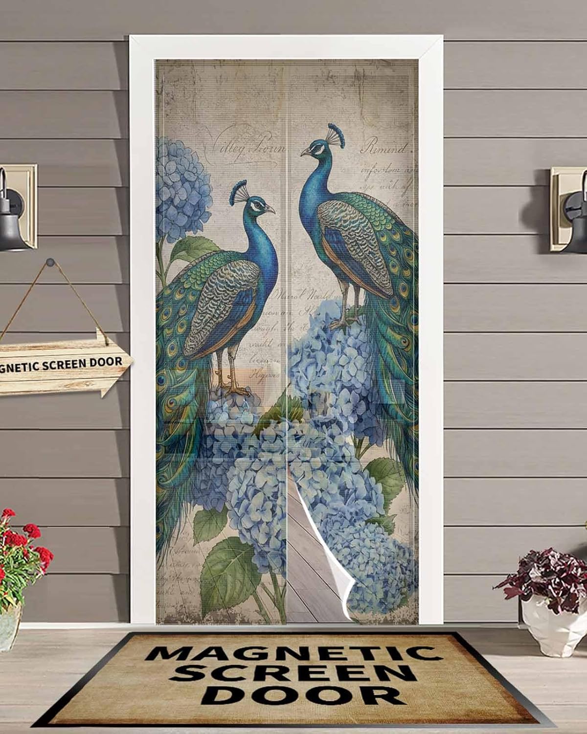 Farmhouse Vintage Peacock Magnetic Screen Door 38x83inch Door Curtain Light Filgtering Hands Free Mesh Curtain for Home Kitchen Yard Patio Sidelight Door - Watercolor Animals