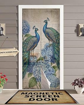 Farmhouse Vintage Peacock Magnetic Screen Door 38x83inch Door Curtain Light Filgtering Hands Free Mesh Curtain for Home Kitchen Yard Patio Sidelight Door - Watercolor Animals
