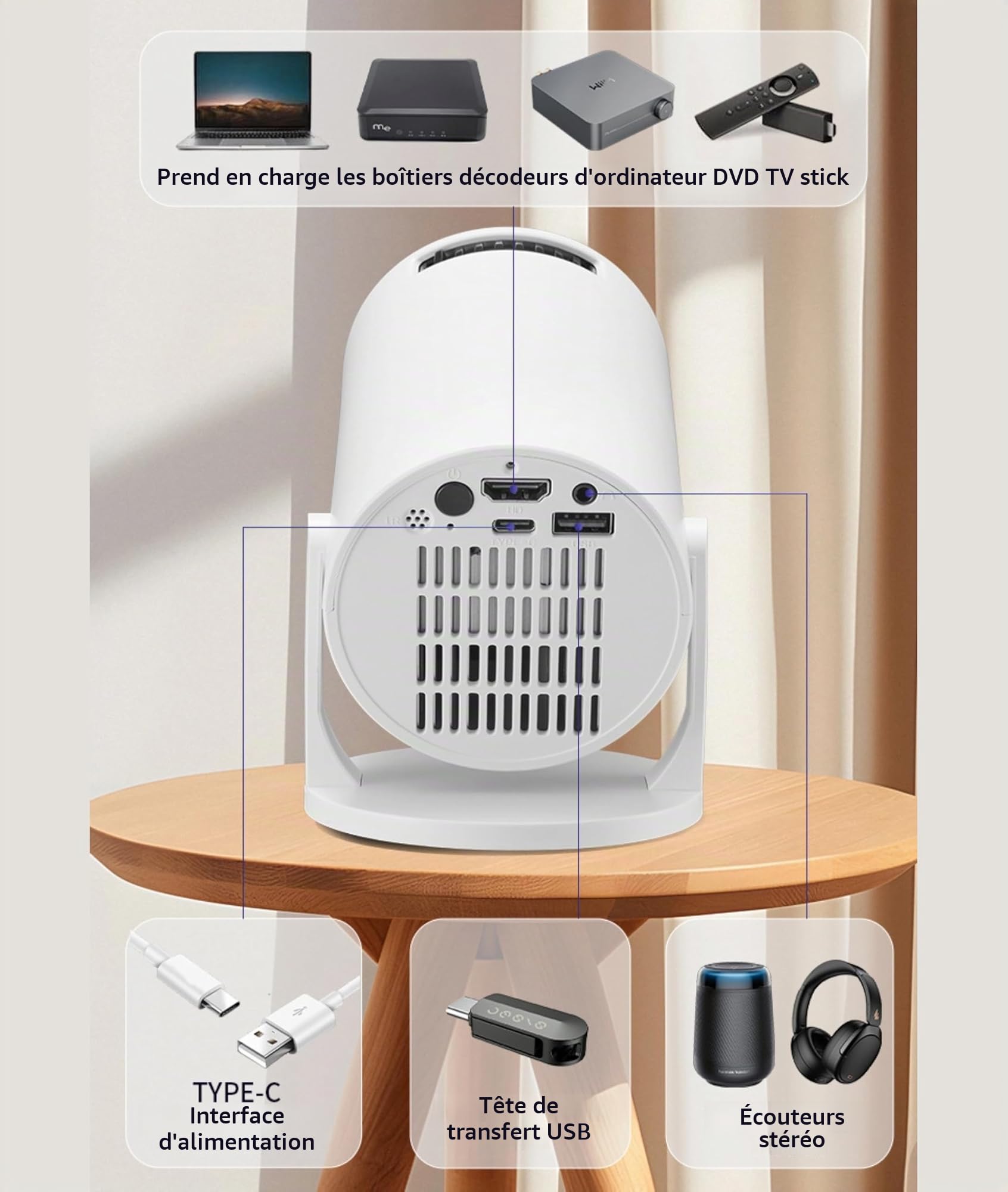 Petit Projecteur 1080P, fidélité sans Fil, LED Réglable à 270°, Projecteur de Film Portable pour Téléphone, clé USB TV, Ordinateur Portable, 8 000 LM, écran Géant de 50