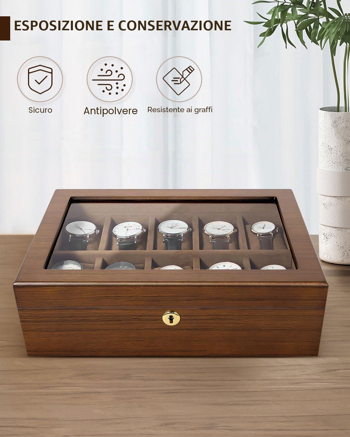 Uten Scatola per orologi con 10 scomparti, organizer per orologi con serratura dorata e chiave, scatola in legno con cuscini rimovibili per orologi, fodera in velluto, chiusura in metallo, regalo per