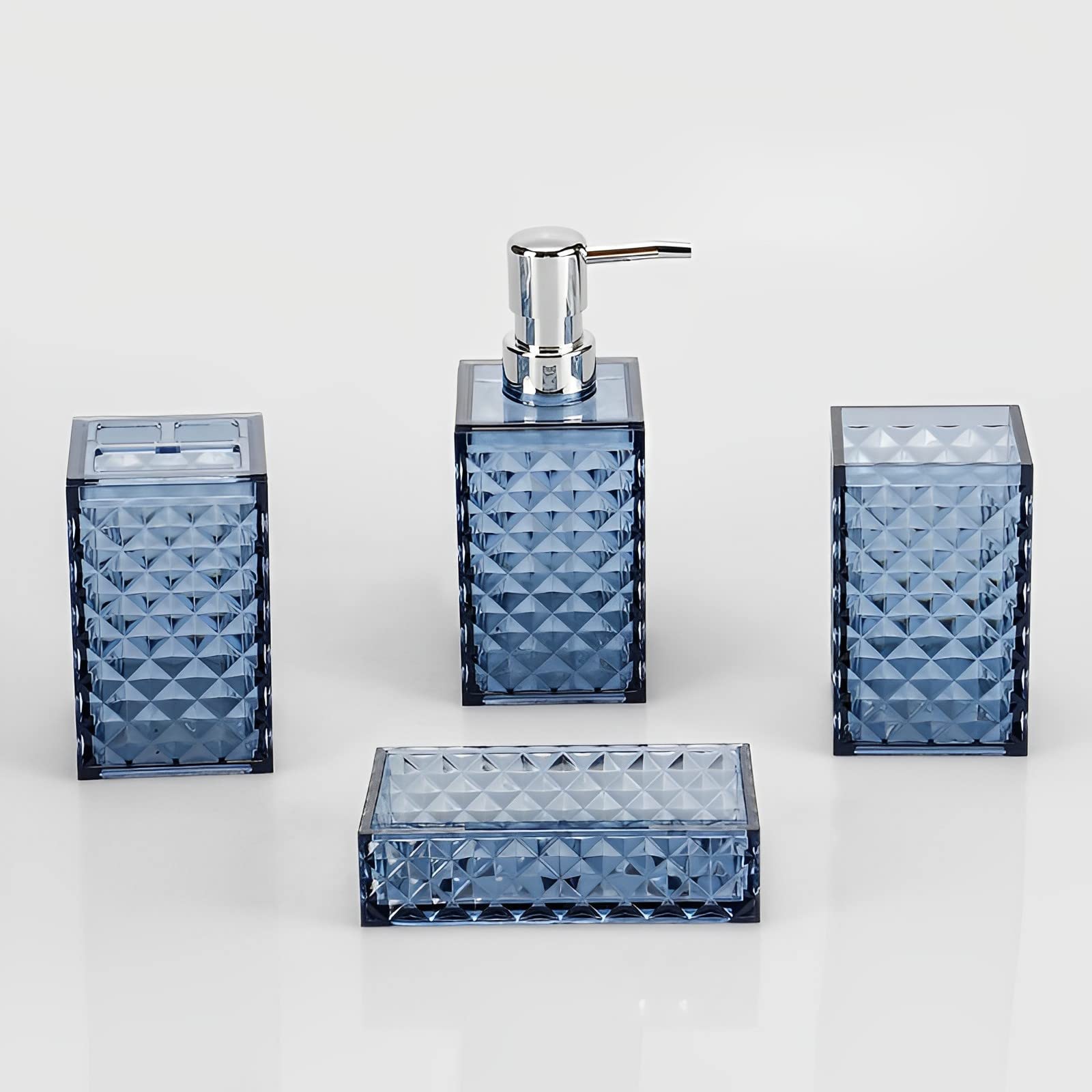 Bathroom Accessories- 4 Piece Square Plastic Bathroom Set Include Soap Dispenser, Divided Toothbrush Holder, Tumbler and Soap Dish,Elegant Bathroom Accessory Set (Blue)