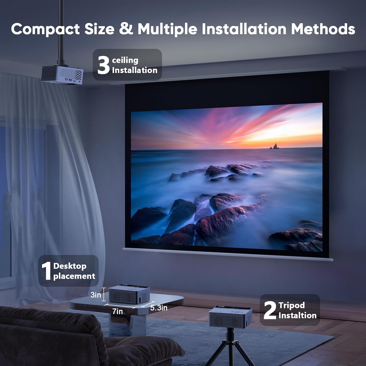 TMY 1080P Mini Portable Projector with 2-Way Bluetooth and 80-Inch Screen, Home Theater Movie Projector