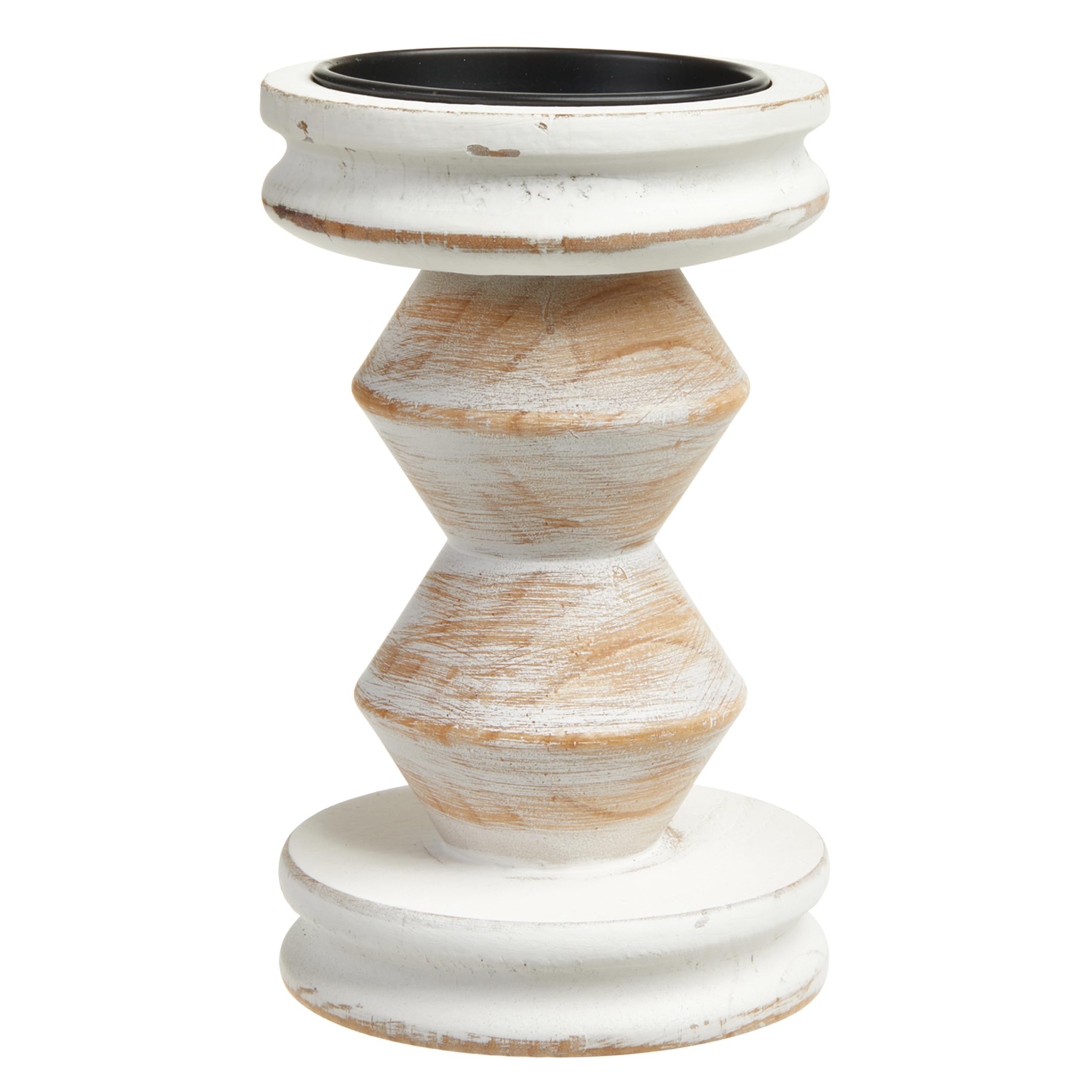 SOFE Rustic Wooden Pillar Candle Holder, Wash White and Brown Candle Holder Vintage Candle Stand for Living Room, Bedroom, 8 Inches Tall Farmhouse Boho Style Home Decor