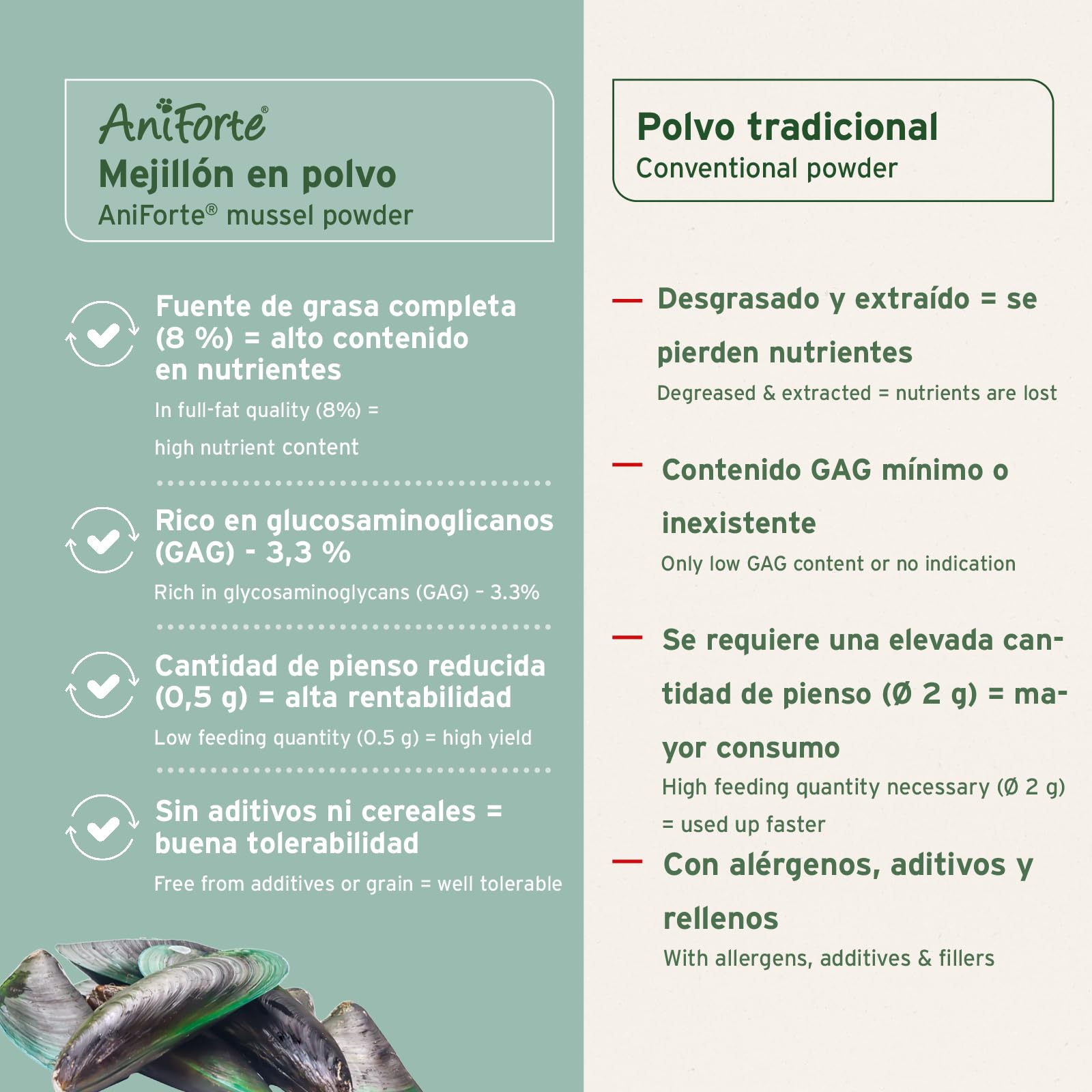 AniForte Polvo de mejillón de Labios Verdes 250g para Perros y Gatos. Condroprotector Natural, 3,3% glicosaminoglicanos y Alto Contenido graso. Apoya la Salud Articular.