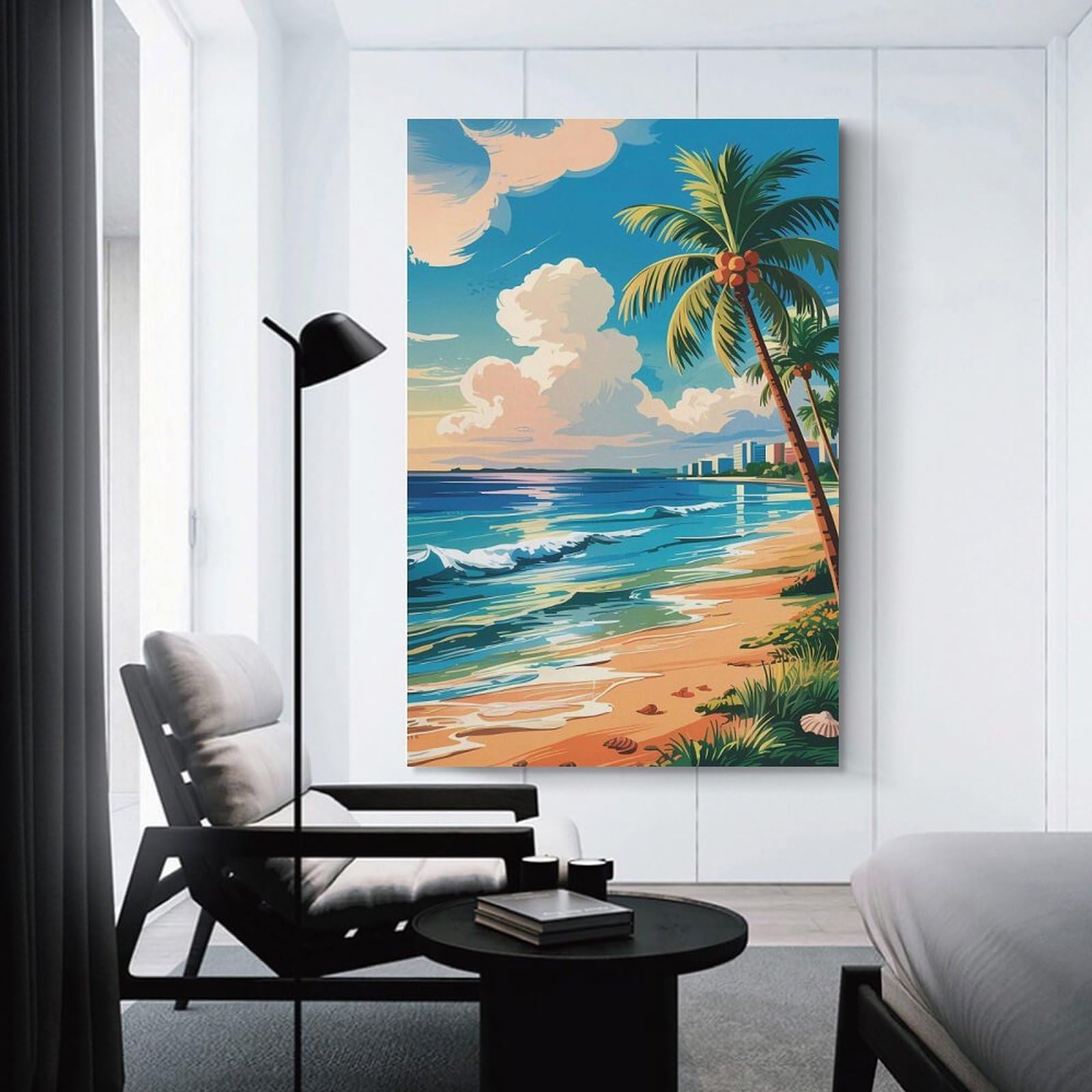 Junmoney Miami Tropical Beach with Palm Trees And City Skyline Decorative Wall Artwork, 08x12inch(20x30cm), for Home Lounge, Bedroom Or Reading Nook, Eye Catching Artwork for Blank Walls