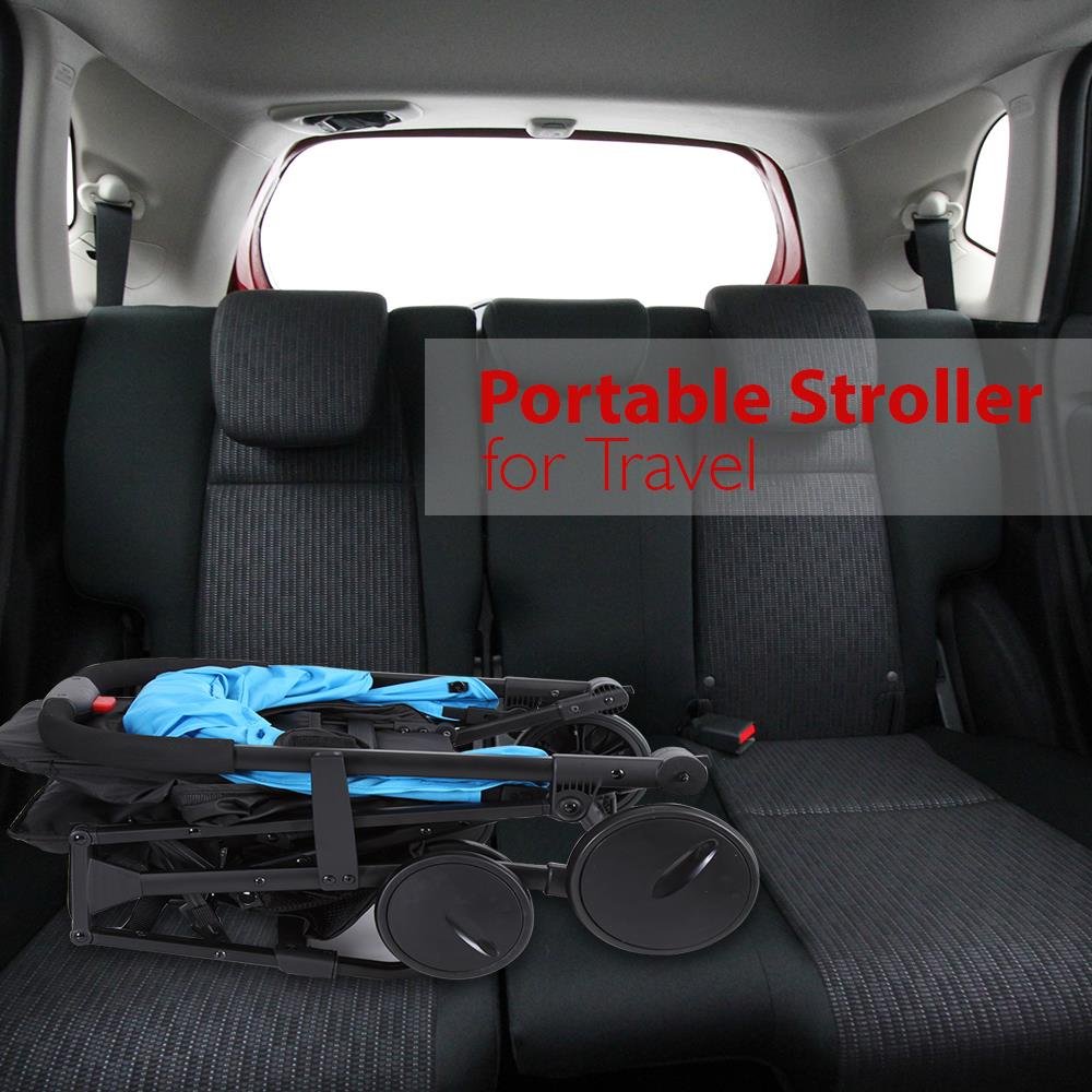 Jovial Portable Folding Baby Stroller – Lightweight, Compact & Foldable for Travel – Includes Storage Bag Cover, Under Basket, Adjustable Seat, Harness Straps & Protective Canopy ( Blue )