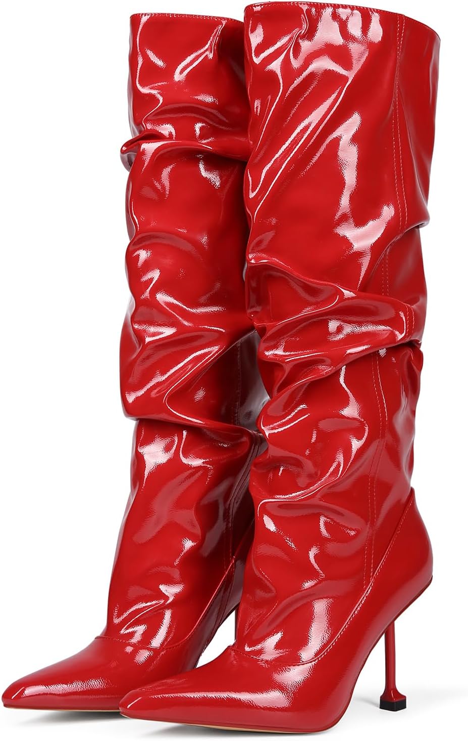 Saint Leia Women's Slip On Pointed Toe High Heel Party Stylish Pleated Patent Leather Knee High Boots