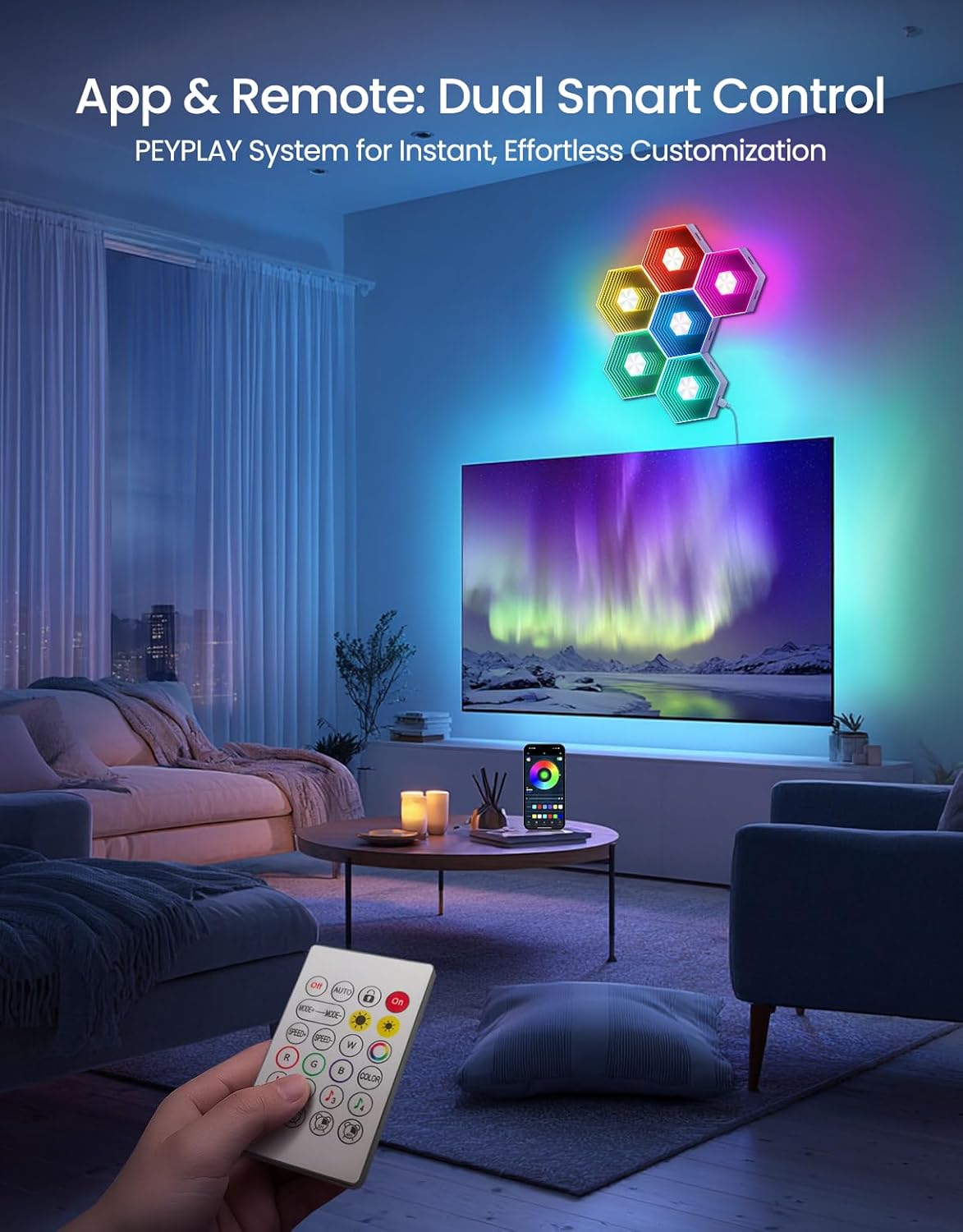 Hexagon Quantum Lights – Modular DIY Wall Panels, RGB+IC 16M Colors with Music Sync, APP & Remote Control, Immersive Lighting for Gaming Rooms, Home Decor, Parties and Gifts