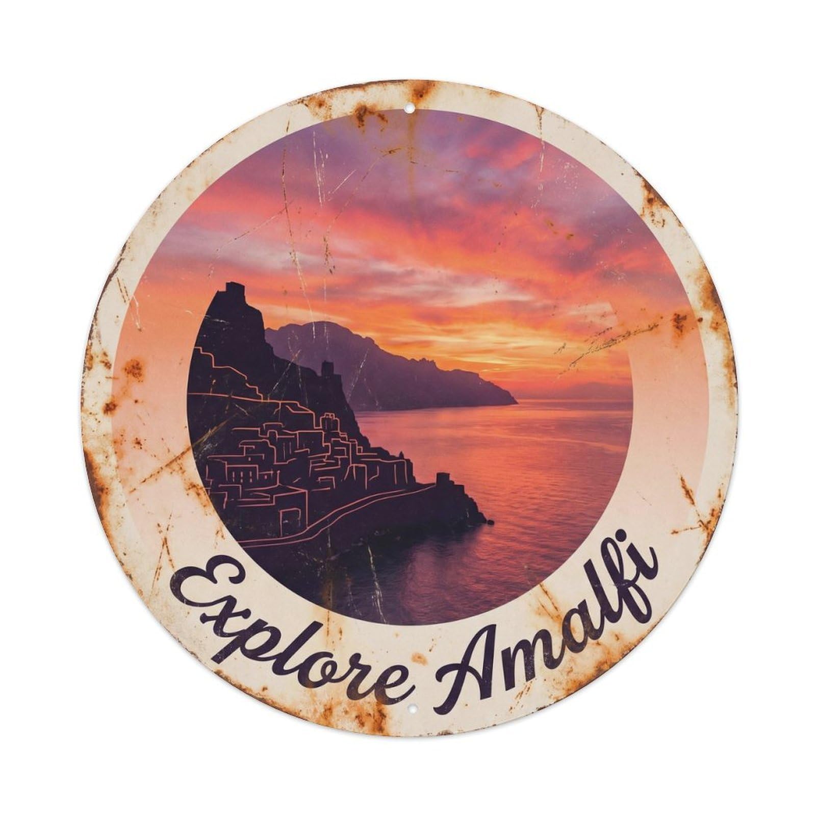 Vintage Travel Italian Seaside Sunset Heritage Metal Tin Sign Plaque Wall Decor for Cafe, Club, Garden Round Metal Poster 8x8Inch
