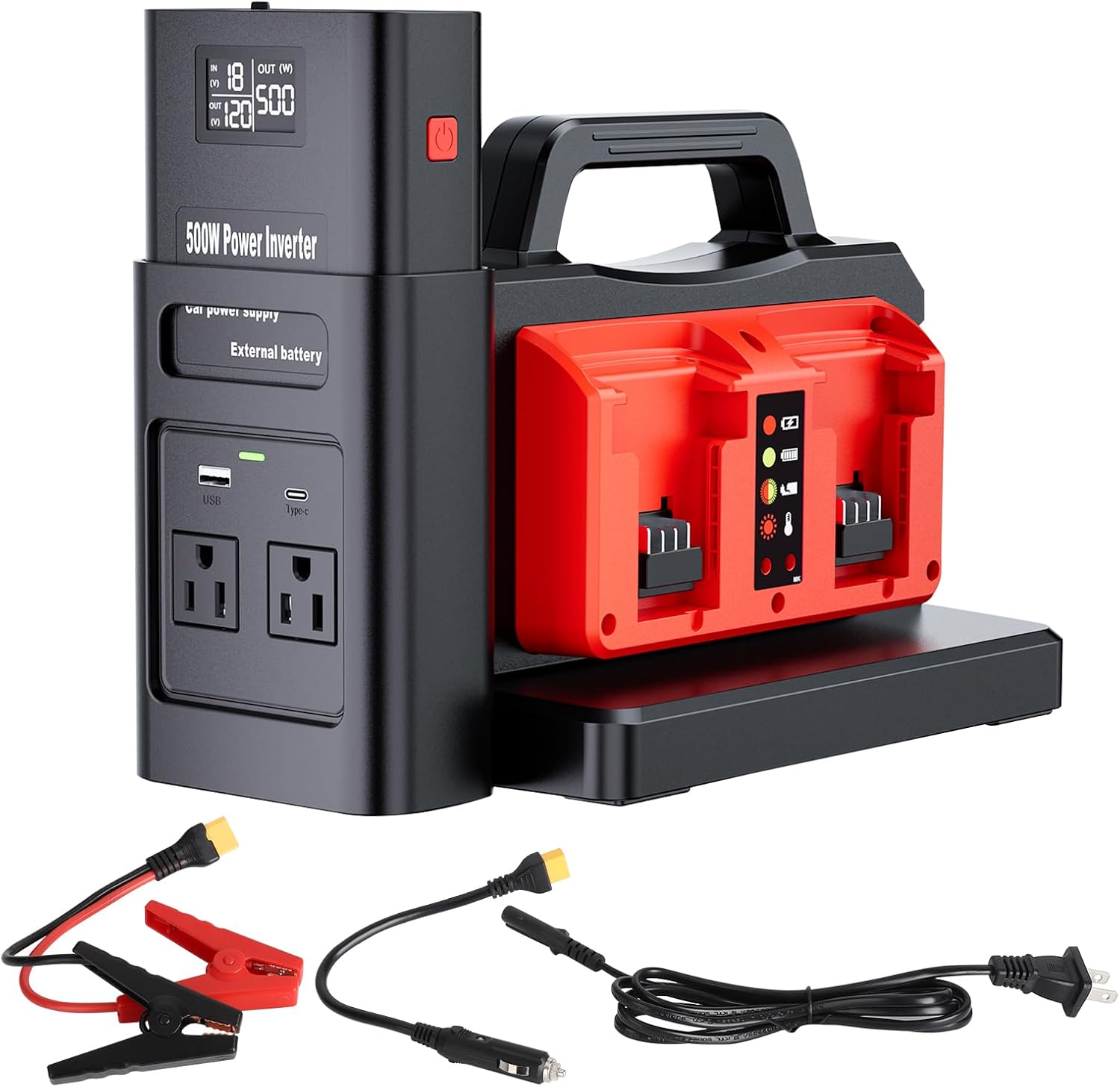 Pure Sine Wave Inverter Compatible with Milwauke 18V Battery, 2 in 1 500W 4 Ports Power Inverter Battery Charger Generator DC 20V to AC* 2 Outlets, 120V Car Charger Plug, USB&Type-C (Tool Only)
