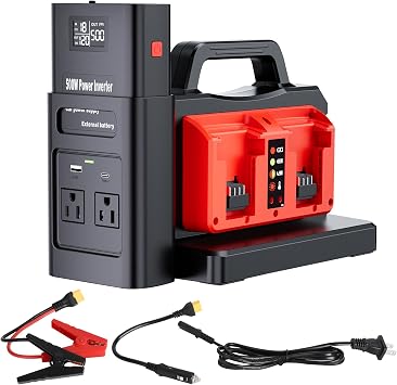 Pure Sine Wave Inverter Compatible with Milw-auke 18V Battery, 2 in 1 500W 4 Ports Power Inverter Battery Charger Generator DC 20V to AC* 2 Outlets, 120V Car Charger Plug, USB&Type-C Tool Only