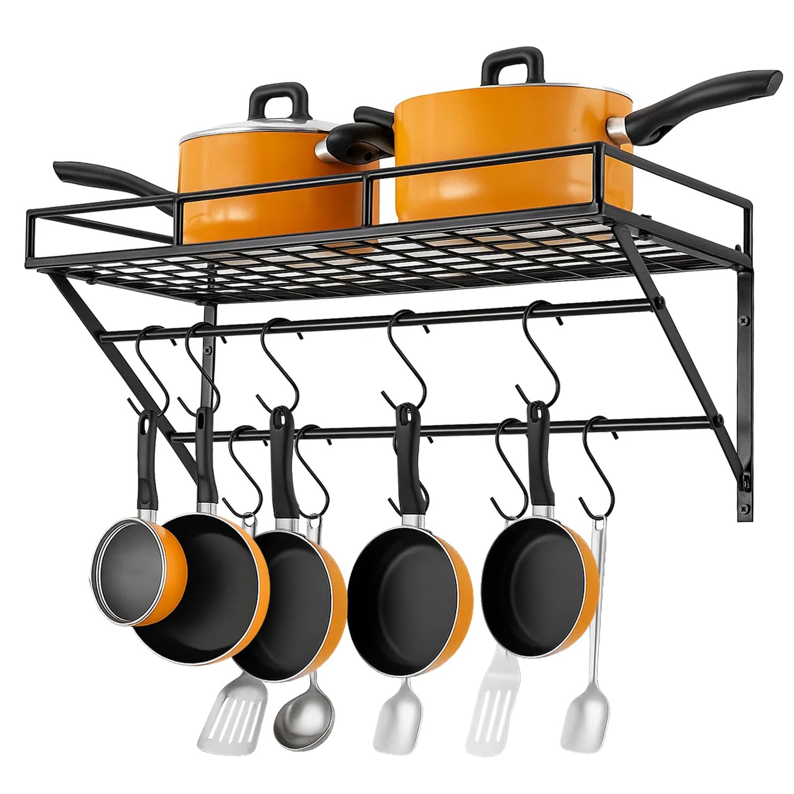 Sunnynest ‎Black Wall Mount Pot Pan Racks, Wall Mounted Kitchen Utensil Rack With 2 Rails, 12 Hooks, 60Cm Saucepan Hanging Rack, Kitchen Utensils Hanging Shelf