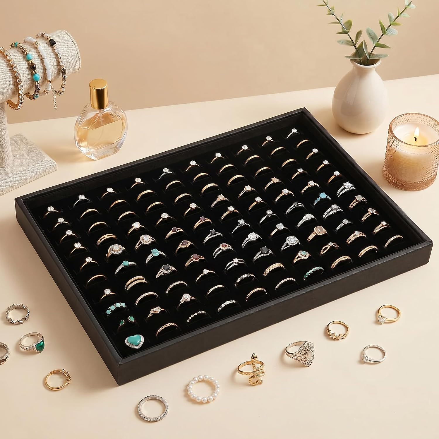 Professional 100-Slot Ring Tray, 3-Piece Stackable Jewelry Display for Vendors - Velvet Lined Organizer with Removable Pads for Earrings & Cufflinks, Black (13.8" x 9.4" x 1.4")