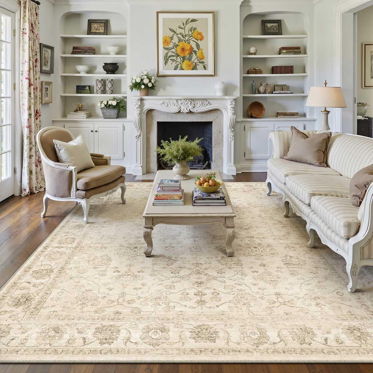 8x10 Washable Area Rug for Living Room Bedroom Begie Vintage Distressed Rustic Large Carpet Non-Slip Low Pile Lightweight Vacuumable Soft Throw Rug for Indoor Dining Room