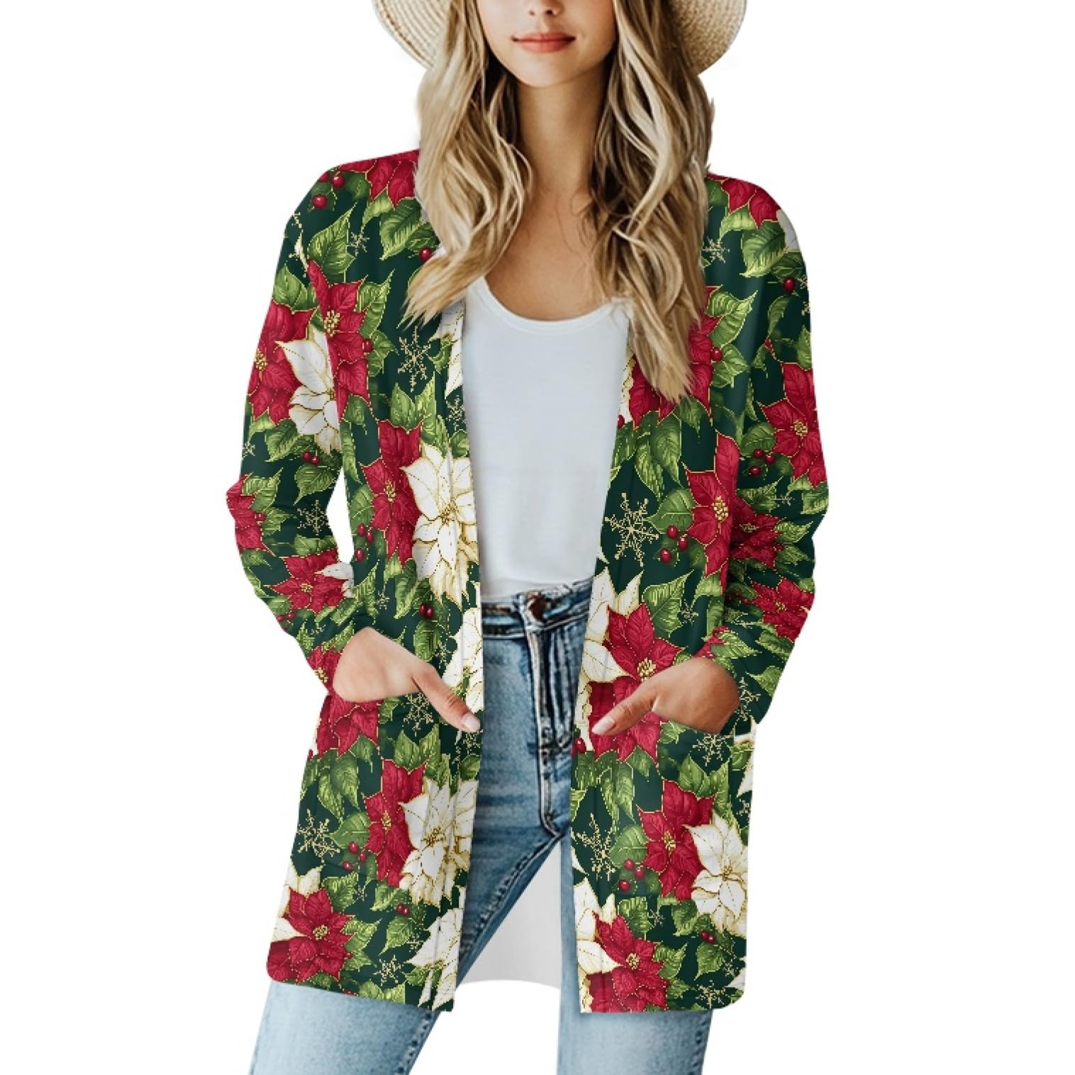 Fall Maple Leaf Cardigan Sweaters for Women Long Sleeve Cardigan Soft Drape Open Front Dusters V-Neck Jackets Dressy