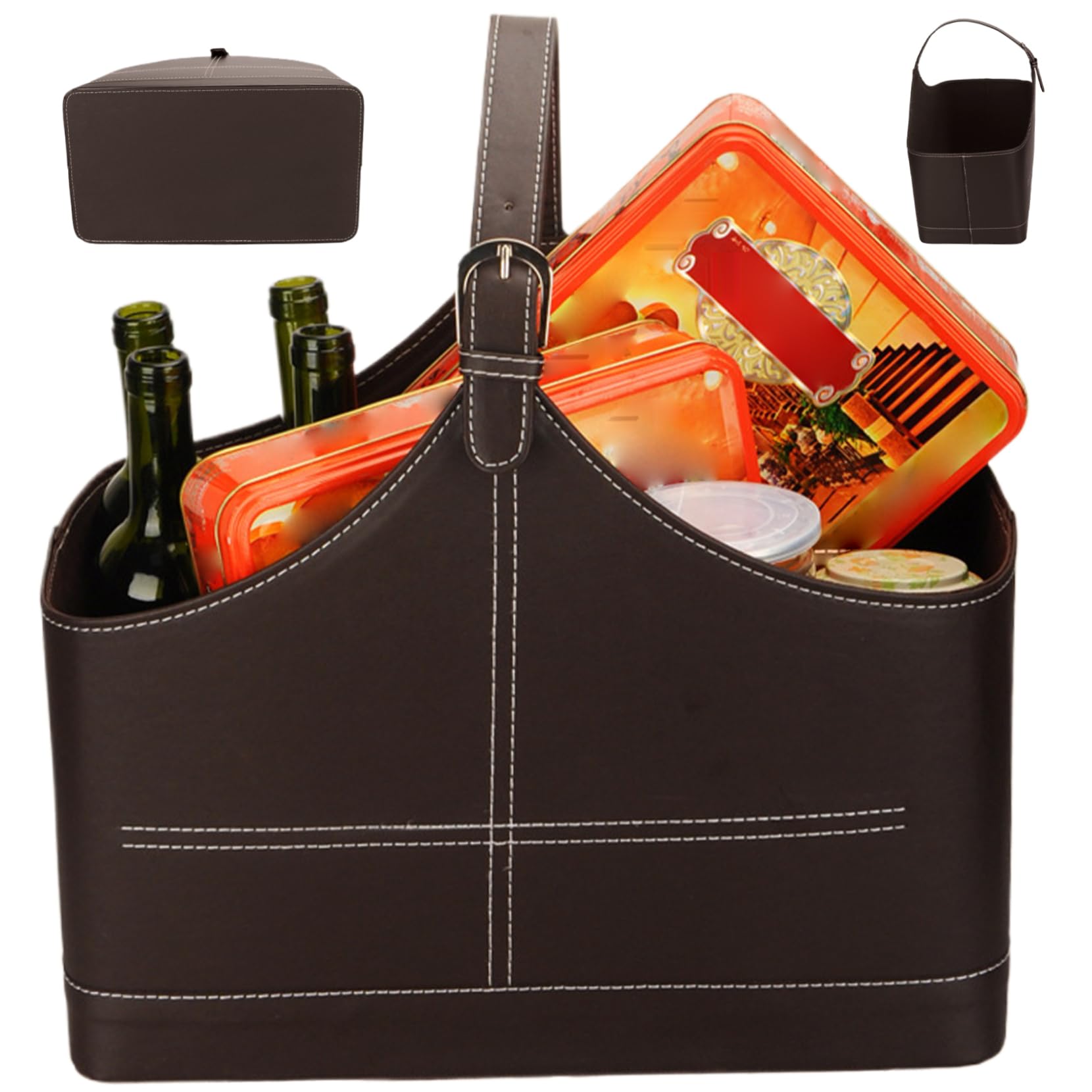 Wein Geschenkkorb wasserdichte Lederweinkorb tragbarer Geschenkkorb mit oberen Griff Multifuktionaler Lagerkorb Halt Wein, Obst, Gemüse, Snacks für Pincnic Beach, Lederkorb