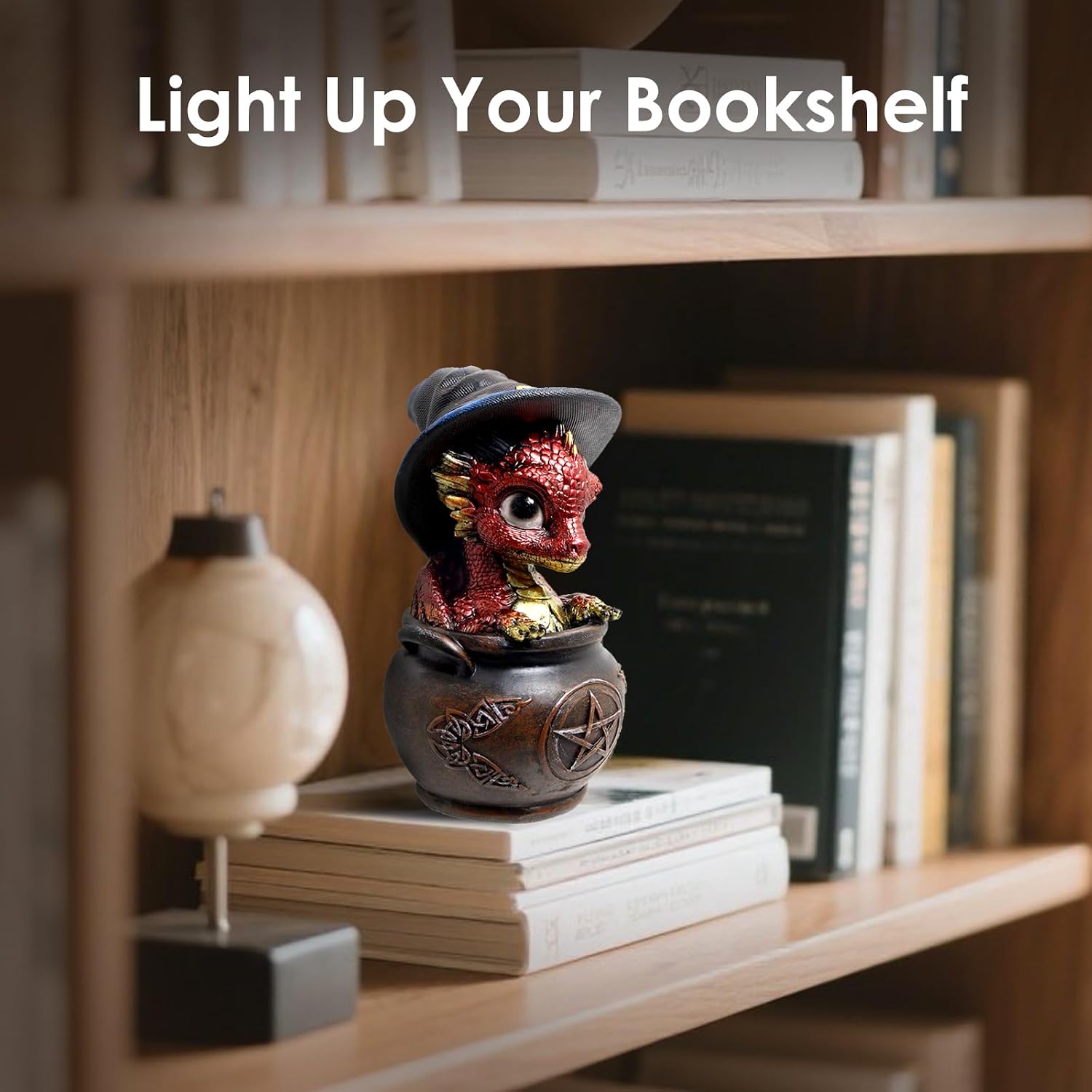 Fantasy Red Dragon Statue with Witch Hat, Mini Resin Dragon Figurine | Desk Bookshelf Ornament, Unique Birthday Gift, Children's Day Gift for Family and Friends