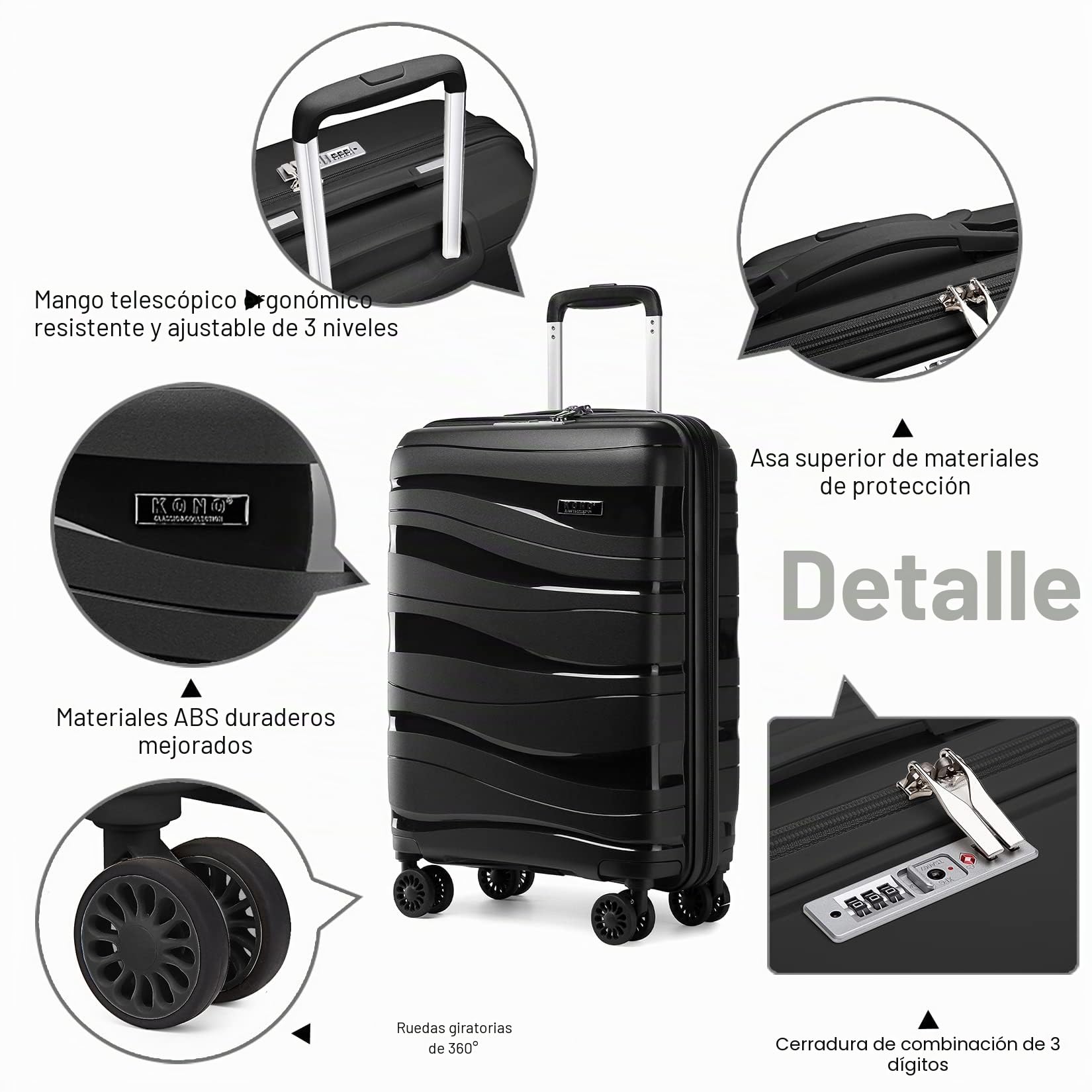 Kono Maleta de Cabina Grande 76cm Maleta de Viaje Ligera Portátil con Cerradura TSA Resistente(100L,Negro)