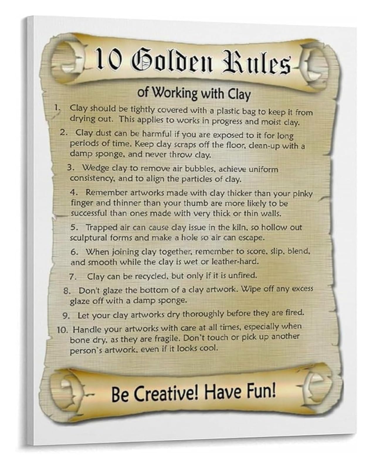 KCDFDVJFBM Golden Rules of Pottery Poster Essential Ceramics Guide for Beginners and Studio Wall Decor(Unframed,12x18inch(30x45cm))