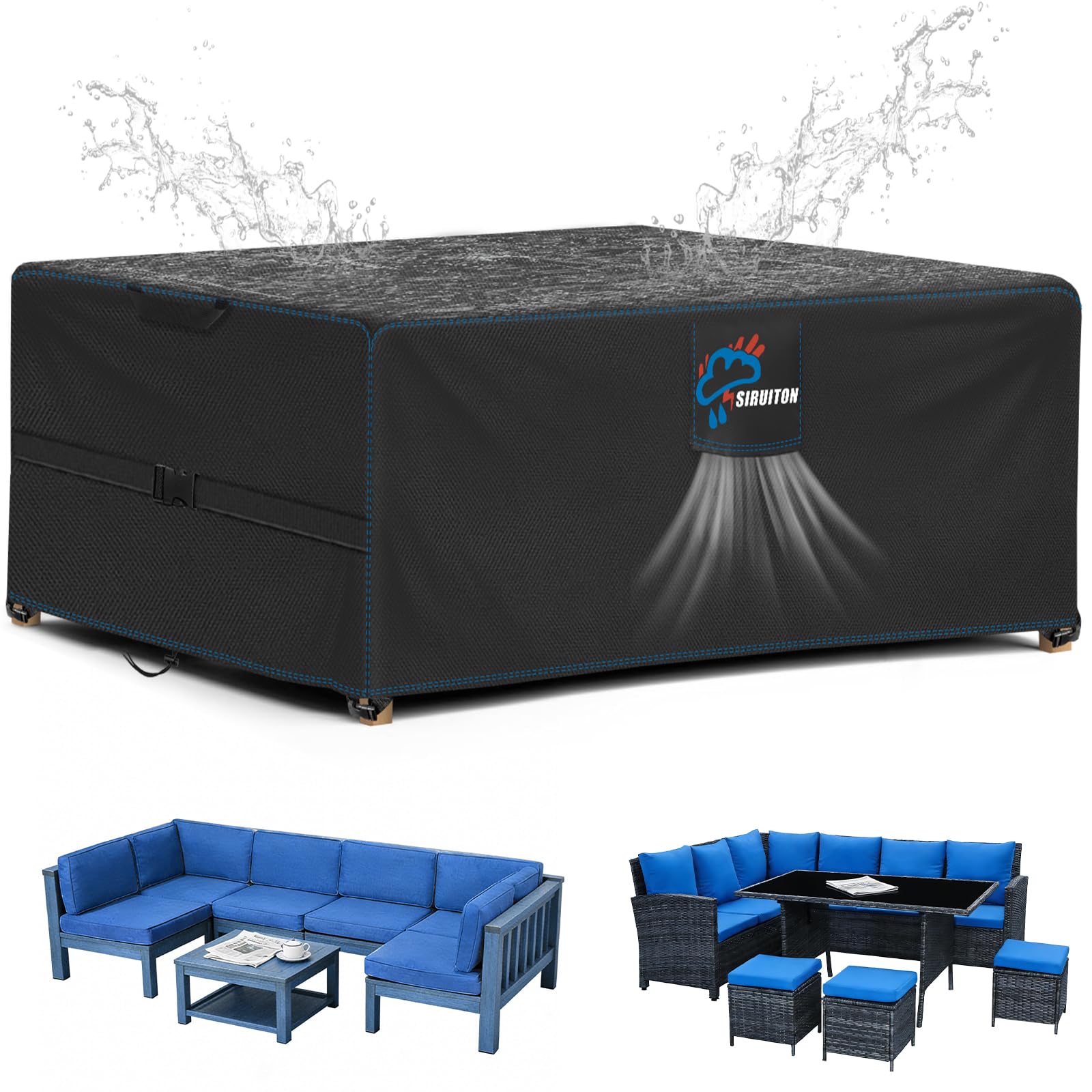 SIRUITON 300 x 250 x 100 cm Gartenmöbel Abdeckung mit Belüftungsöffnungen, Wasserdicht, Winddicht, UV-Beständiges, Schwerlast 420D Oxford Gewebe Schutzhülle für Gartentisch Sitzgruppe, Rechteckig