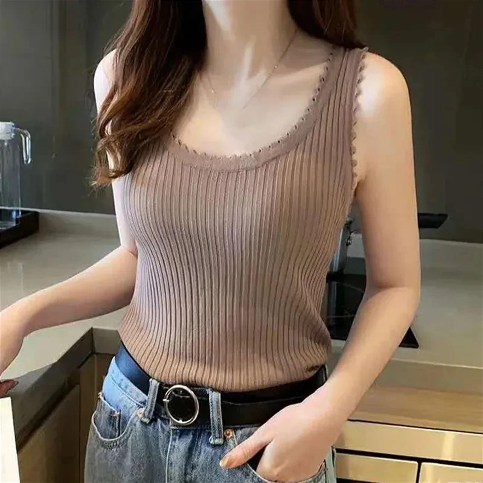 Canotta da donna Slim Camis Maglia Solido A Righe Corsetto Senza Maniche Top