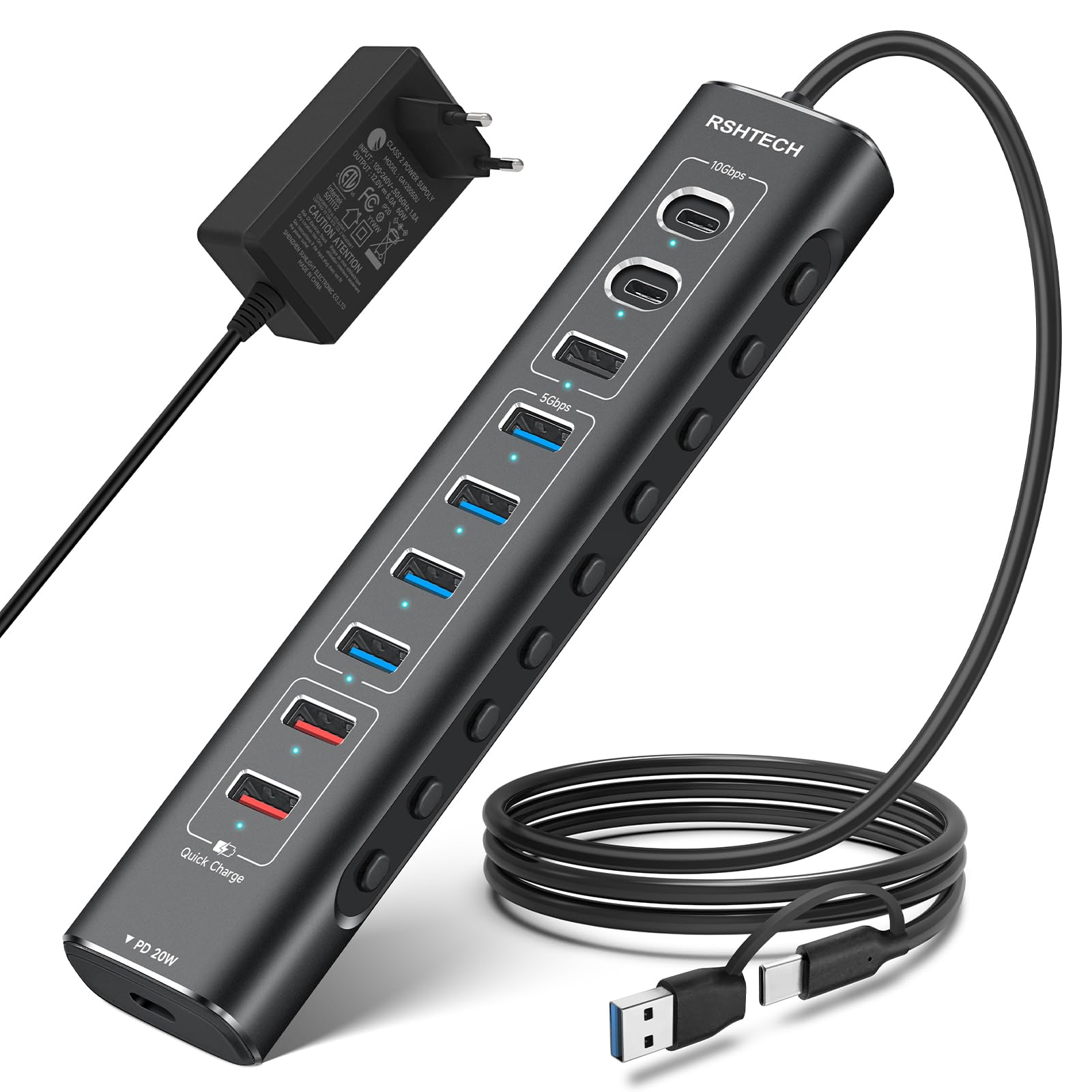 RSHTECH Aluminum 10-Port USB C 3.0/3.2 Hub Aktiv mit Netzteil, 3 * 10Gbps USB 3.2 (2*Typ-C, 1*Typ-A), 4 * 5Gbps, 2* Fast Charging Port, 1 * 20W USB-C PD, 60W 12V/5A, 2-in-1 Kabel, RSH-A10QPD