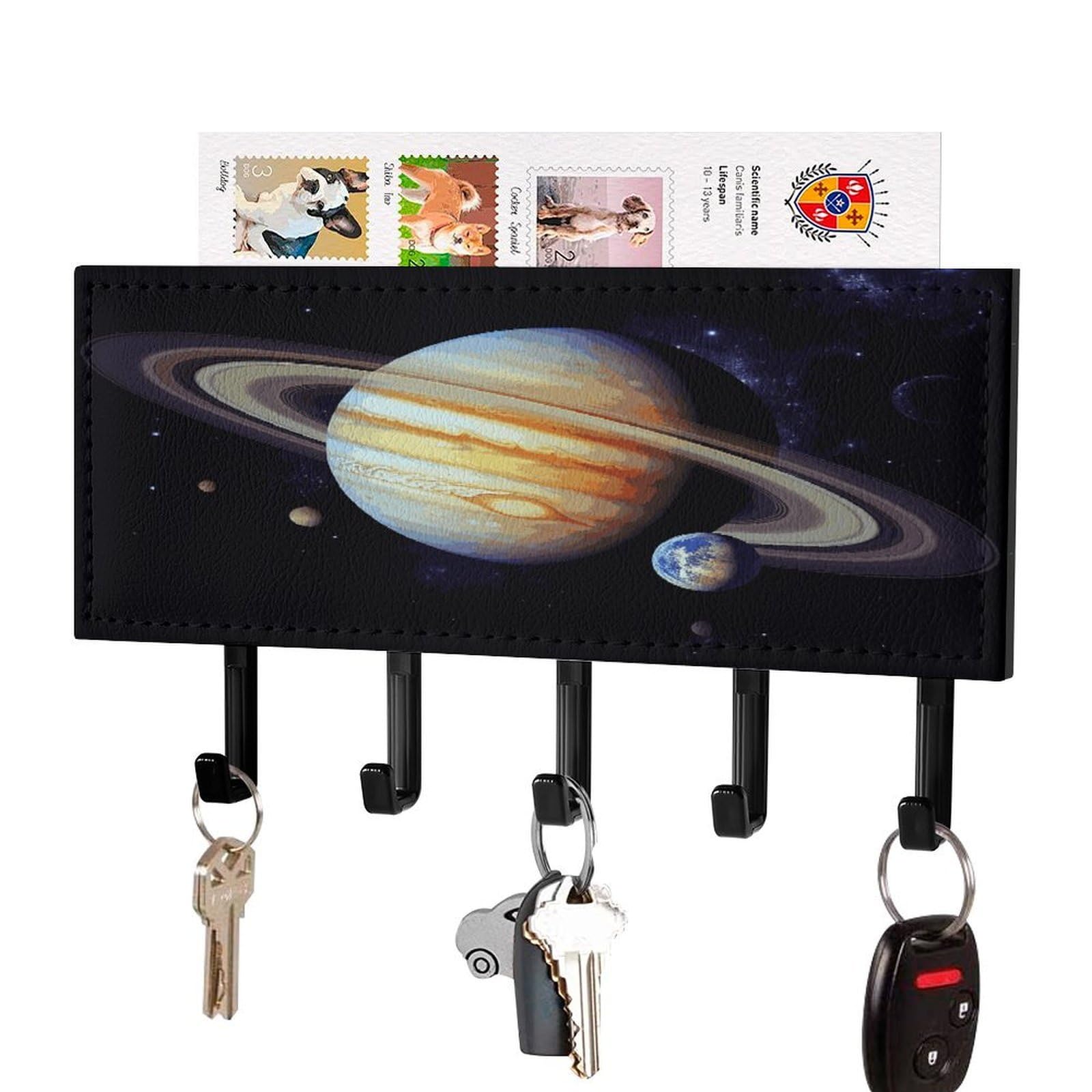 FekiLoot Planet Jupiter Key Holder for Wall Decorative Mail Organizer with 5 Key Hook Self Adhesive Key Rack with Tray Coat Rack Wall Mount Key Hanger Decor for Entryway Door