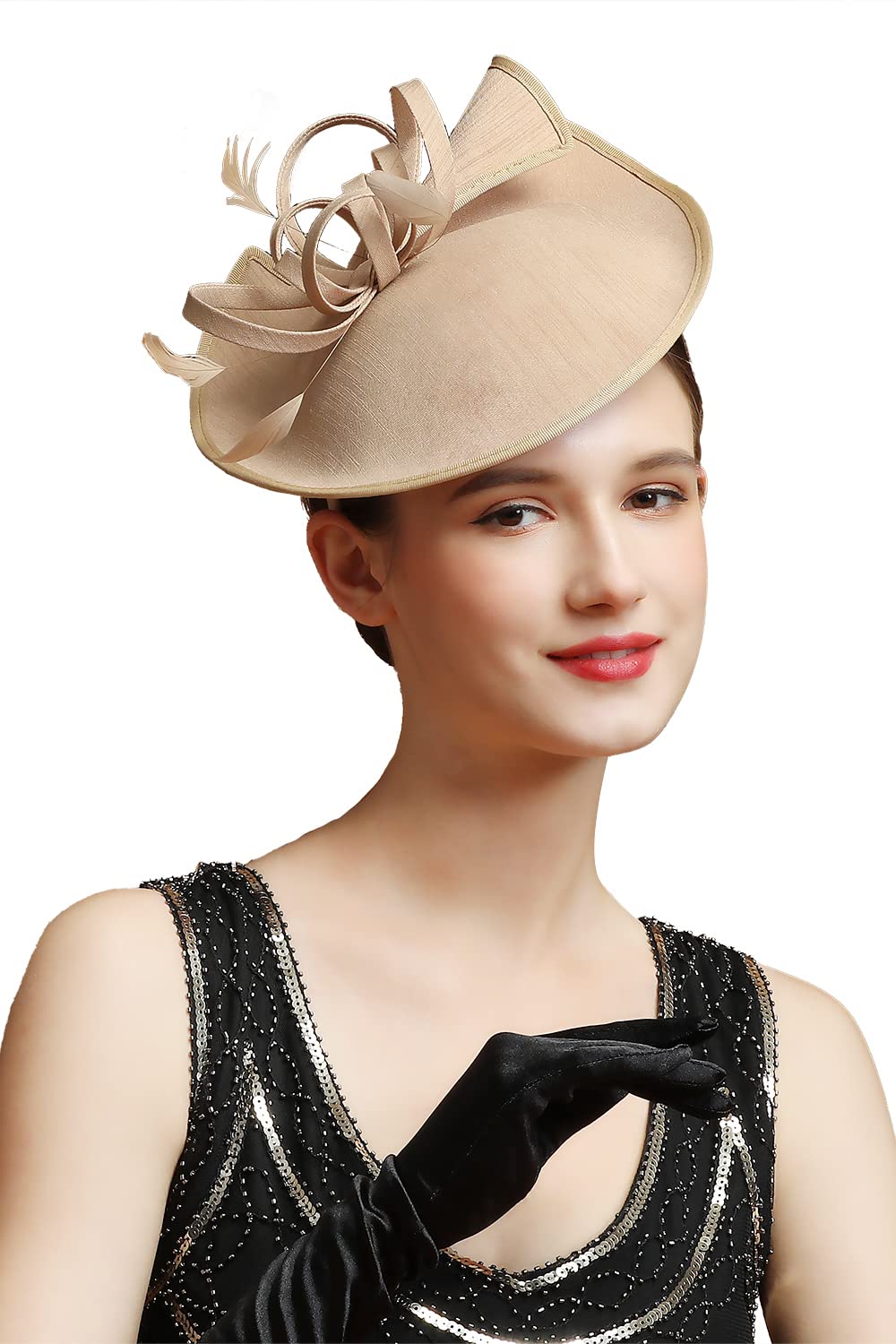 ComottFascinator Feather Tea Party Pillbox Derby Hat Cocktail Wedding Bridal Fascinators Headband for Women, Champagne, One size