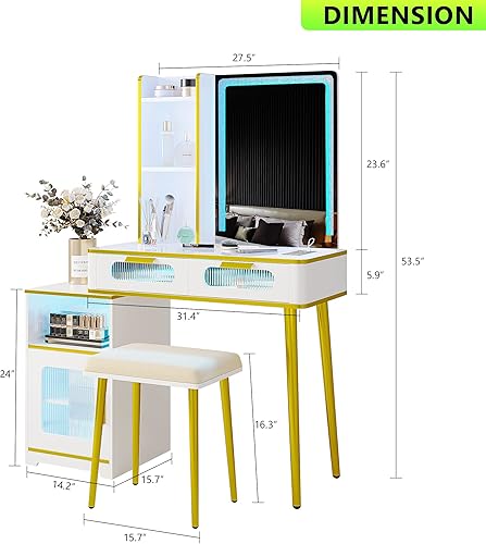 Miniatura 2 de HNEBC Escritorio de tocador con espejo y luces, juego de tocador blanco con USB B & tipo C y carga inalámbrica, tocador de maquillaje con