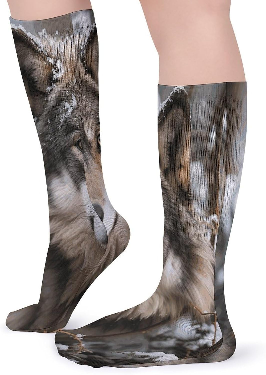 Lmage of Wolf in The Snow Crew Socks High Stocking Thermal Socks | Tube Socks-Breathable-Moisture-Soft-wicking for Hospital Pilates Yoga for women men Grippy for office and daily walking