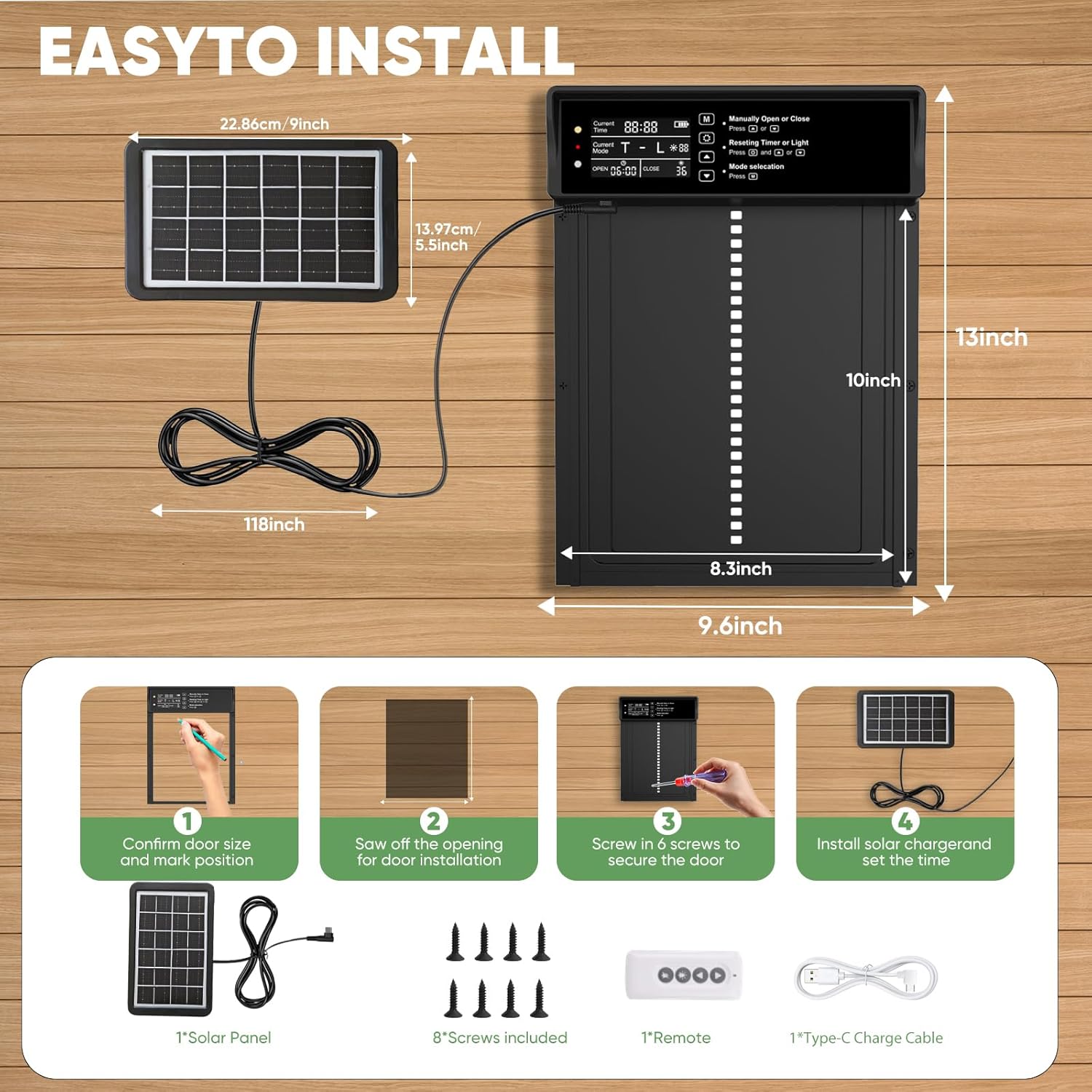 Automatic Chicken Coop Door Solar Powered with Timer & Light Sensor 4 Modes Aluminum Waterproof Chicken Door, Remote Control, LCD Display, Dual Protection of Anti-Pinch Design and Abnormal Alarm
