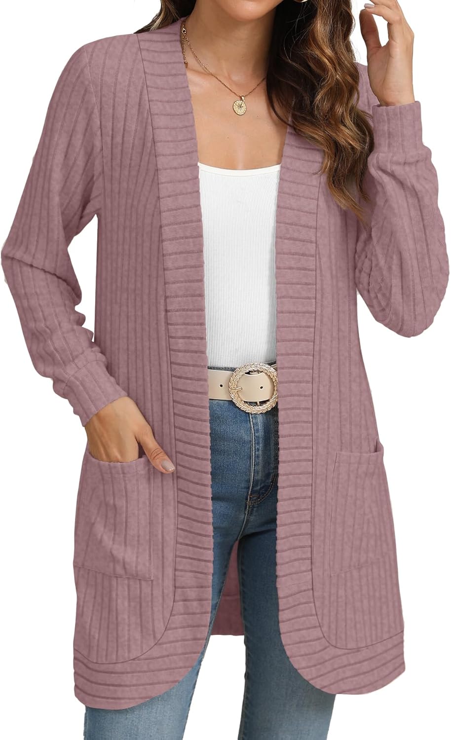 Women Long Sleeve Open Front Cardigan Casual Lightweight Long Cardigans Loose Knit Outwear with Pockets - Image 2