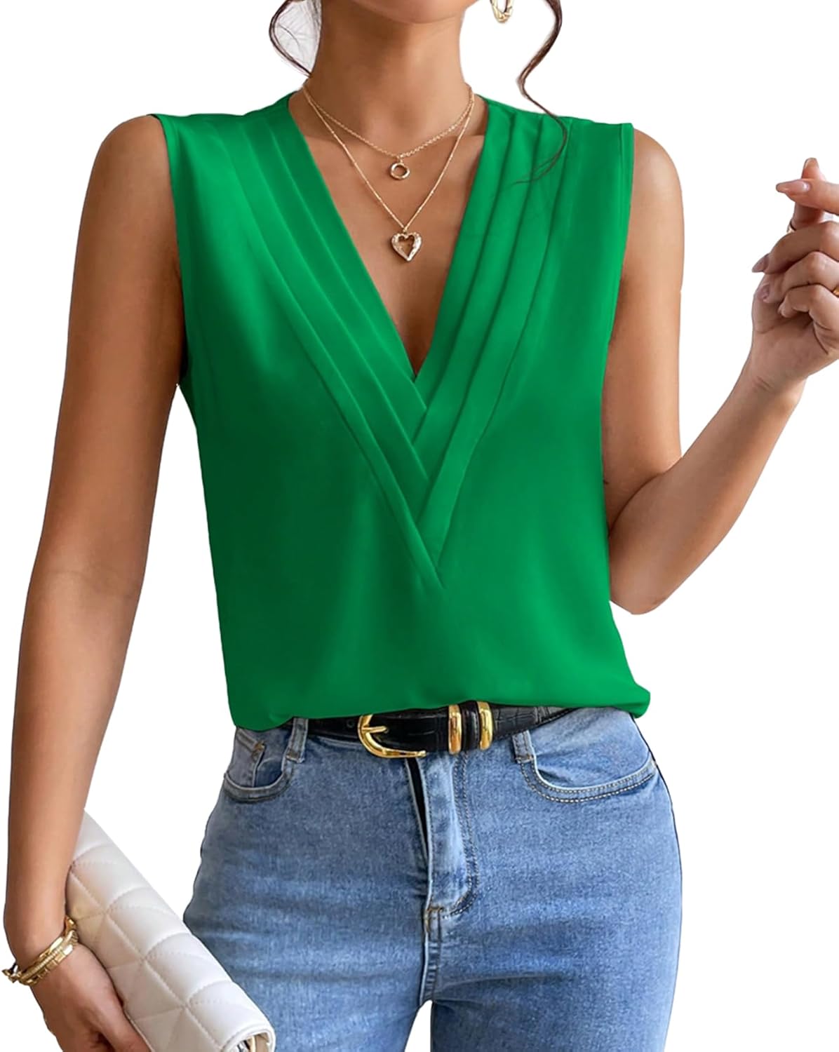 MYCOLORBLUE Sleeveless Chiffon Tops for Women Summer Triple V-neck T Shirts Business Office Dressy Outfit Blouse