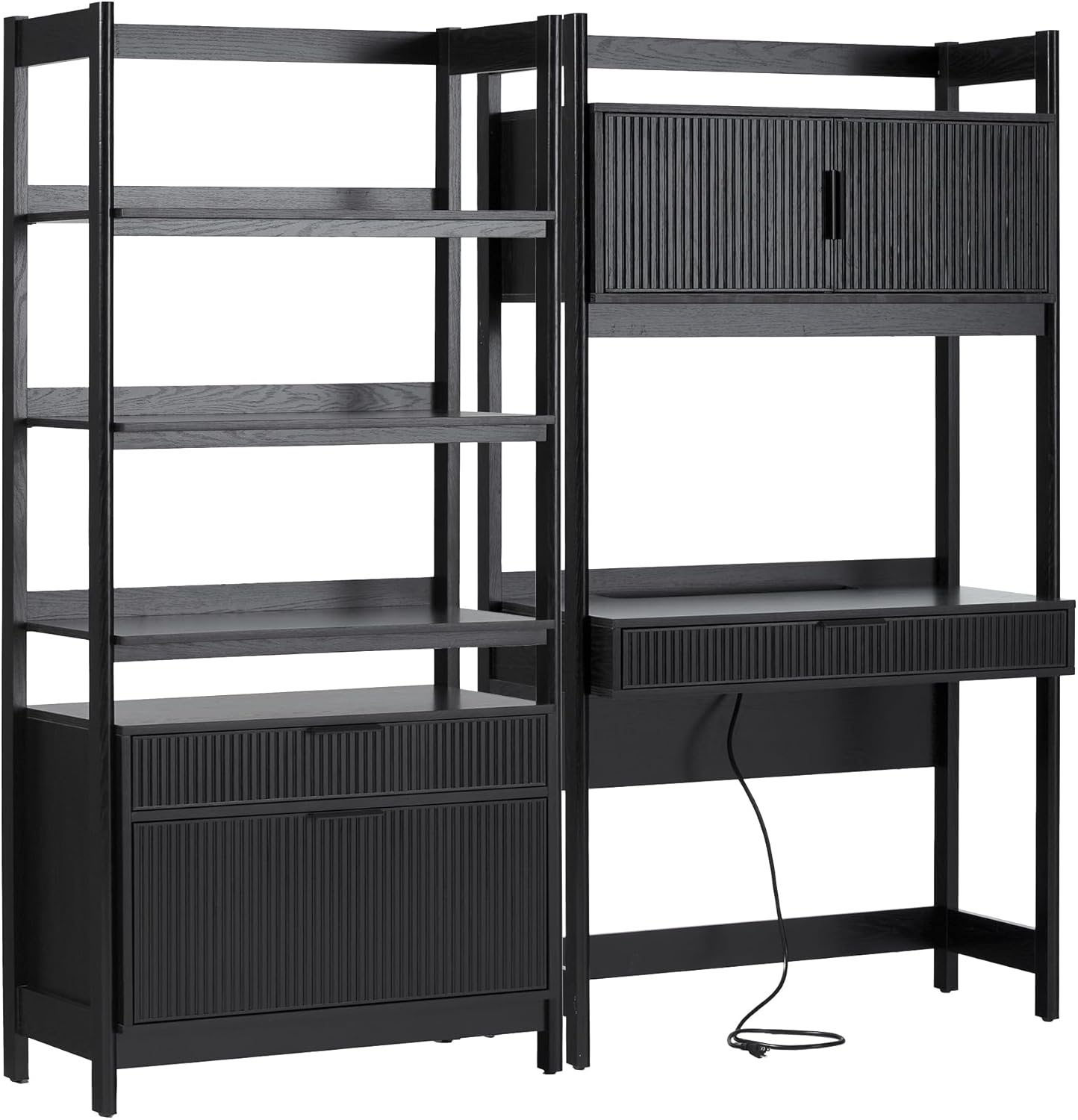 Walker Edison Transitional 2-Piece Hutch Desk with Wide Bookcase, Reeded Drawer Fronts, Built-in outlets and USB Ports, Set of 2, Black