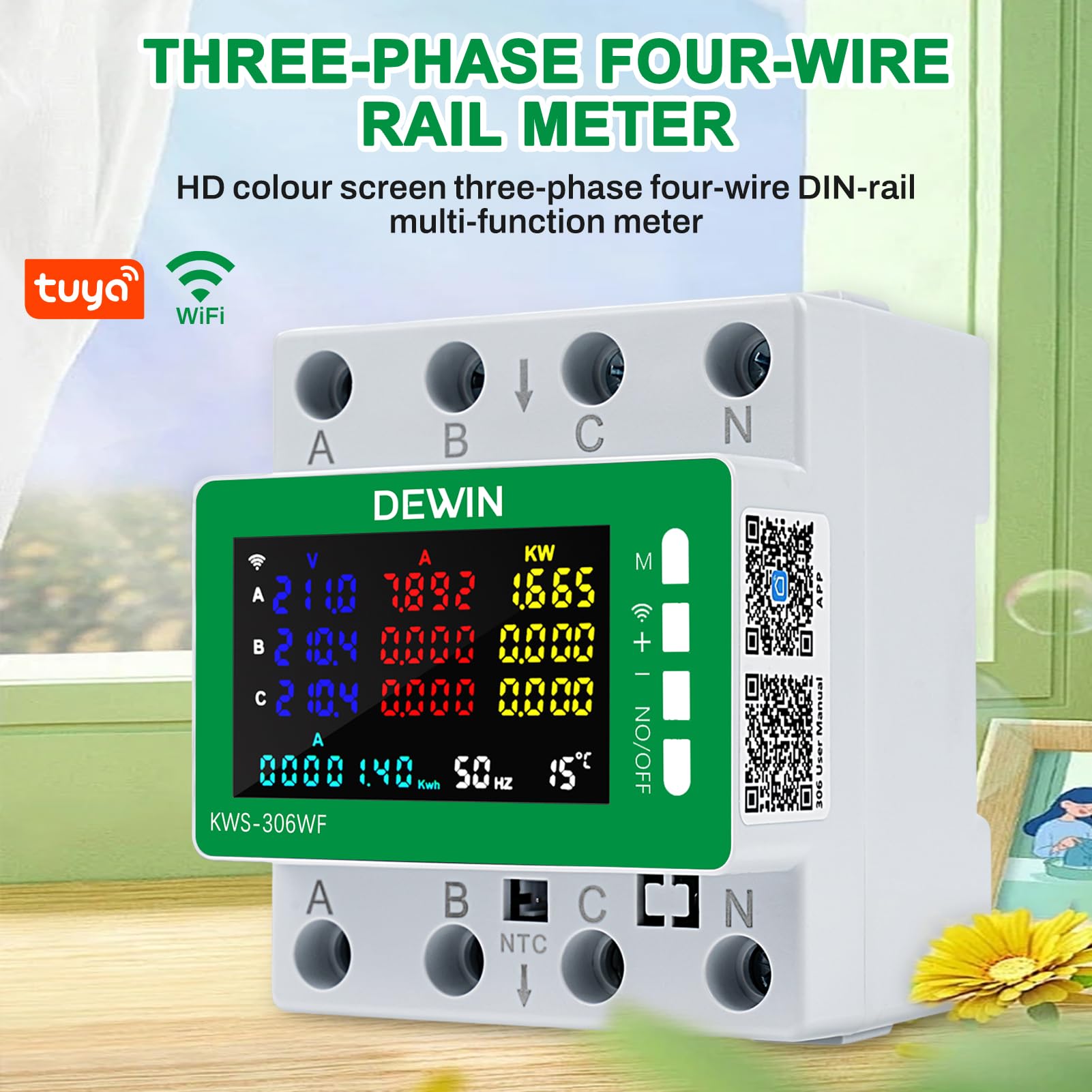 DEWIN Stromzähler 3 Phasen Wlan, KWS-306WF Tuya WiFi Stromzähler 3 Phasig 4 Leiter Voltmeter und Amperemeter Energiezähler Hutschiene mit APP-Fernbedienung 80A AC 85V–AC 290 V