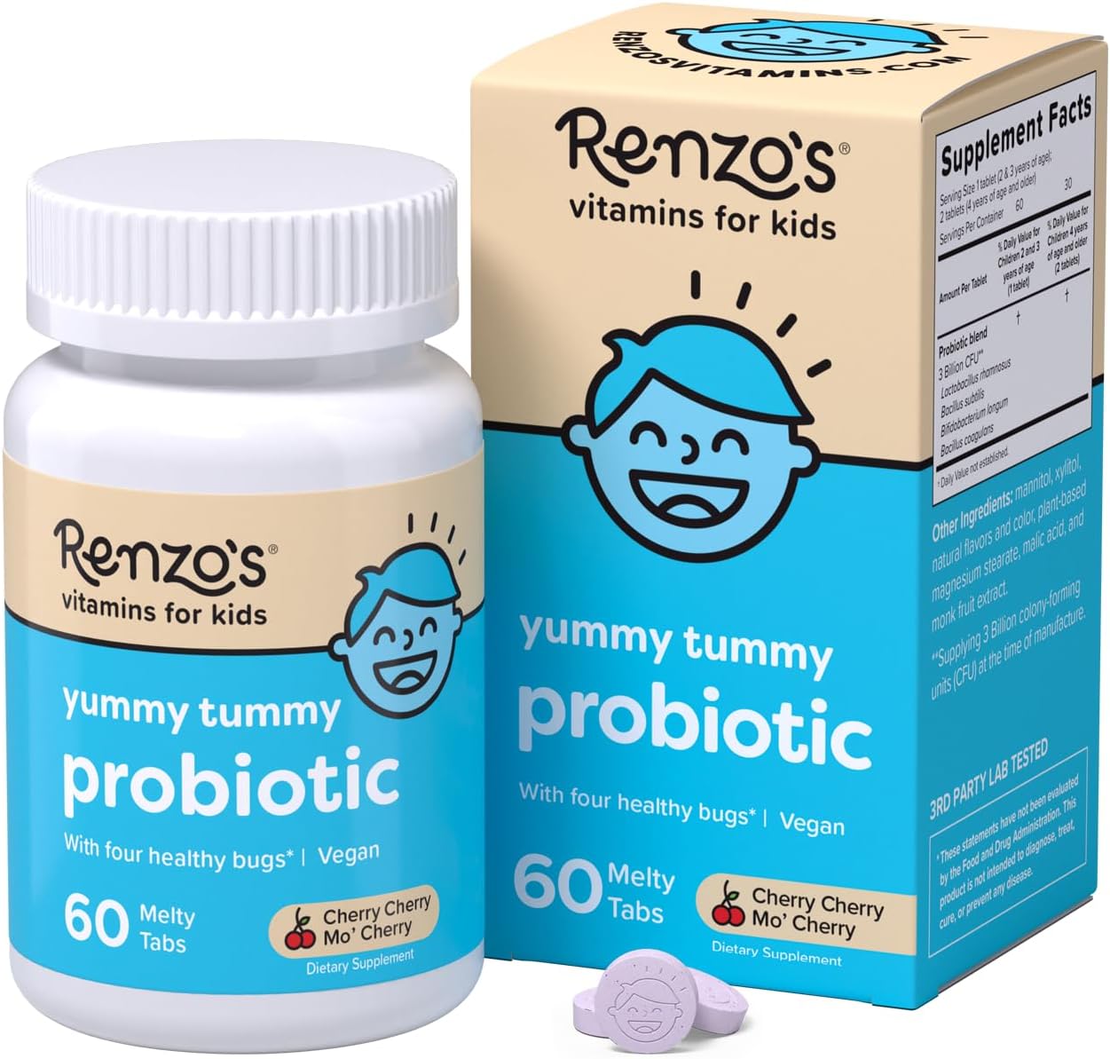 Kids Probiotic, Dissolvable Probiotics for Digestive Health & Immune Support, 60 Cherry-Flavored Melty Tabs