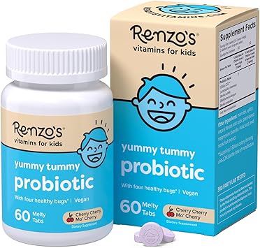 Renzo's Kids Probiotic, Dissolvable Probiotics for Digestive Health & Immune Support, 60 Cherry-Flavored Melty Tabs