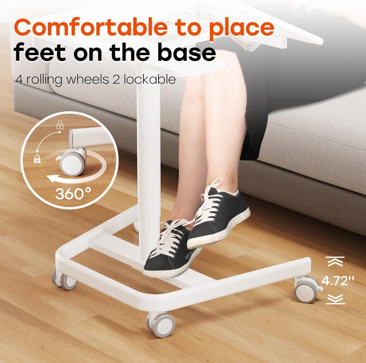 JOY worker Mobile Standing Desk, Height Adjustable Table, 60° Tiltable Rolling Laptop Desk, Portable Sit Stand Desk with Wheels Cup Holder for Bed Couch School, Holds Up to 22lbs, White