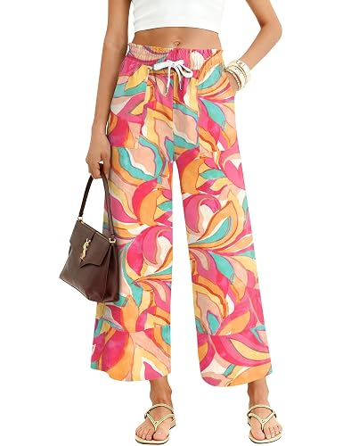 LOMON Women's Casual Wide Leg Pants Drawstring Elastic Waist Flowy