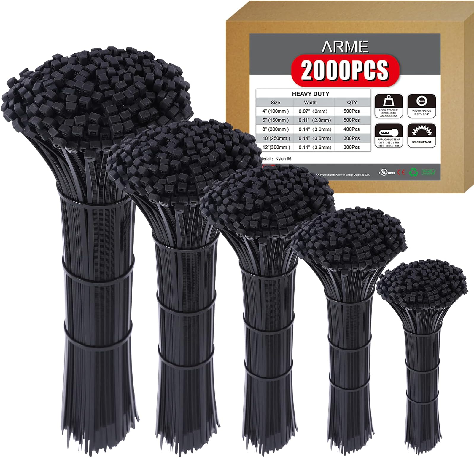 Black Cable Zip Ties, 2000 Pack Arme Nylon Self-Locking Zips Ties, Zip Ties Assorted Sizes Cable Ties,High-Strength Heavy Duty Cable Zip Ties for Home,Office,Garage and Workshop(4"+6"+8"+10"+12")