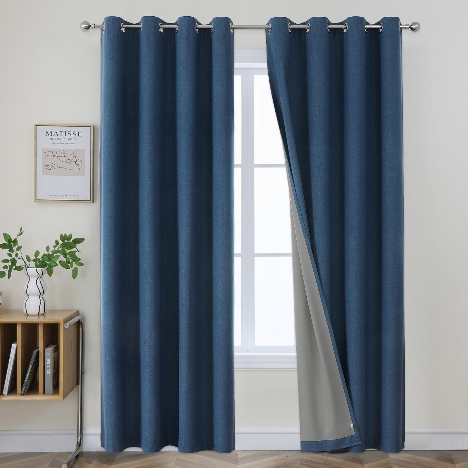 Joydeco Denim Blue Blackout Curtains 96 Inches Long, Blue Curtains 95 Inch for Living Room 2 Panels Set, Textured Room Darkening Thermal Drapes for Bedroom(52x95 inch, Denim Blue)