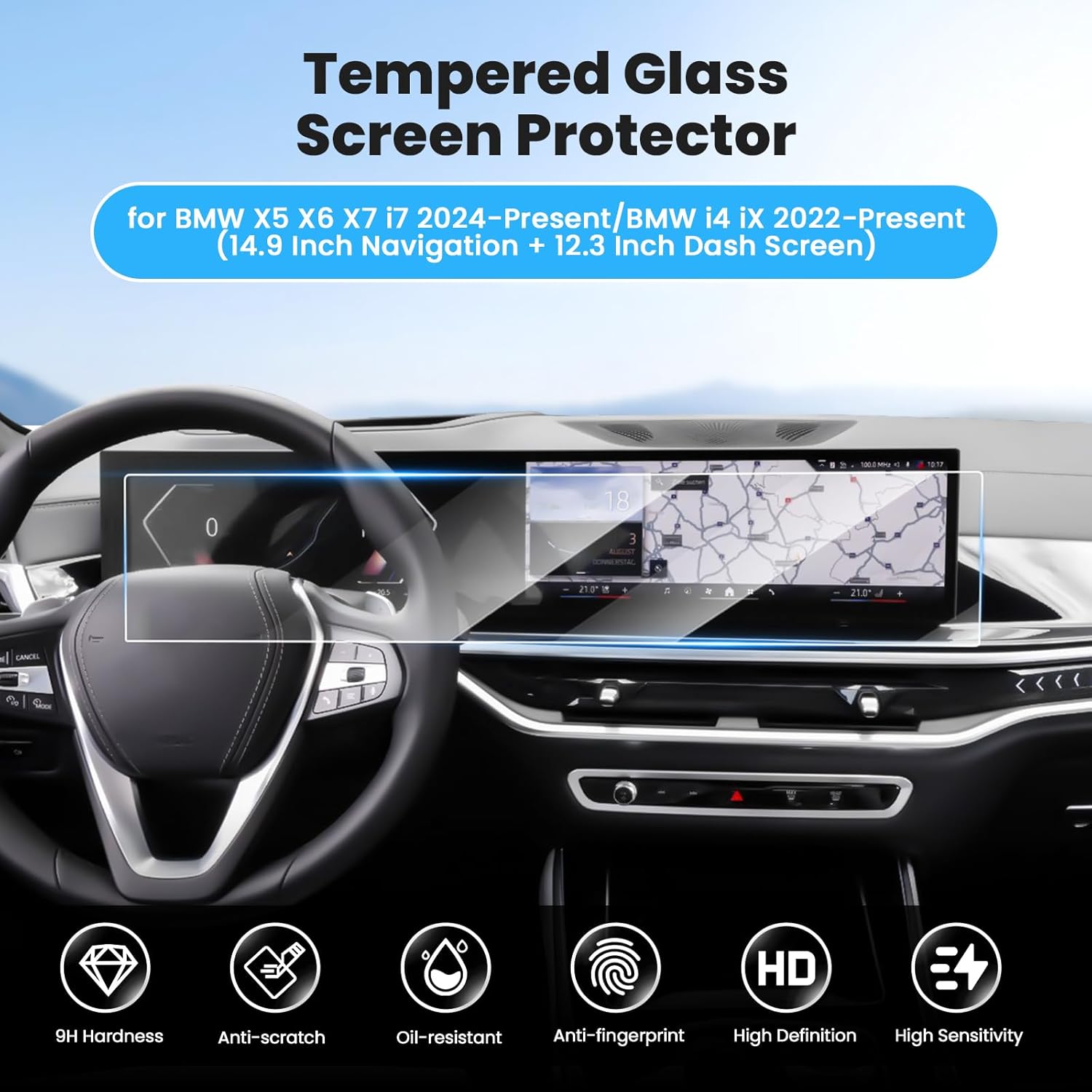 Screen Protector for 2024-2026 BMW X5 X6 X7 i7/2022-2025 2026 i4 iX 14.9 Inch Navigation + 12.3 Inch Dash Screen, Tempered Glass Touchscreen Protector Navigation Screen Cover Protective Film