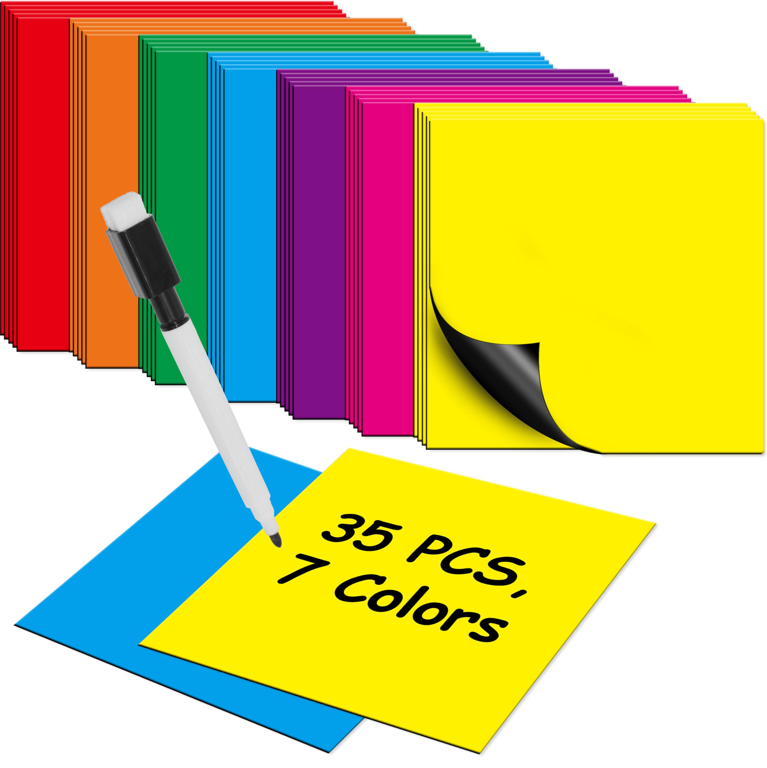 35 PCS Magnetic Sticky Notes, Reusable Dry-Erase Magnets, 7 Colors Magnetic Stickers with 1 Marker, Writable Labels for Whiteboard, Locker, Fridge, Metal Surfaces, School, Office, Home (3" x 3")
