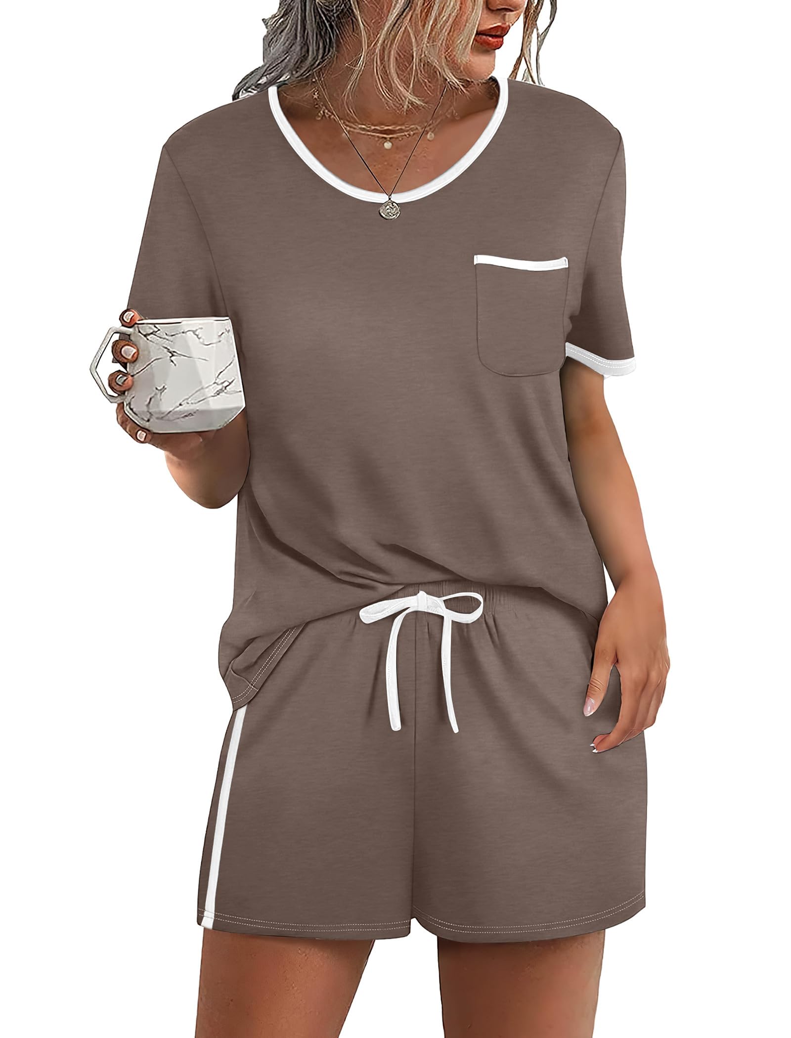 WIHOLL Pajamas for Women Set Two Piece Lounge Summer Outfits Short Sleeve Tops Shorts Soft Sleepwear Chest Pocket